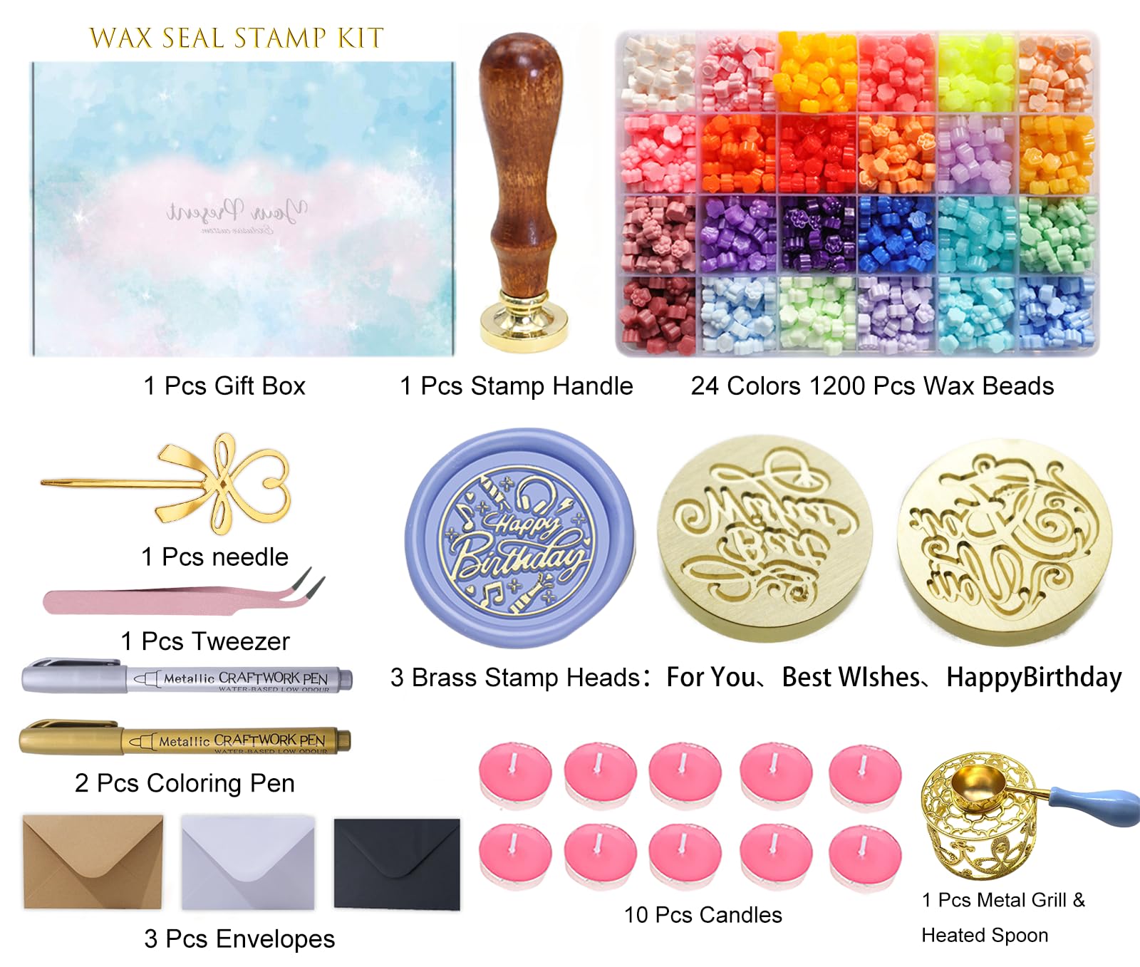 SSYYGET Wax Seal Stamp Kit, 1200 Pcs (24 Colors) Paw Shaped Seal Beads, 3 Brass Stamp Head, Wax Sealing for Envelopes