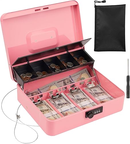 Polspag Caja de efectivo con cerradura de combinación, cajas de efectivo con bloqueo con cable de seguridad y bandeja para monedas, caja de dinero