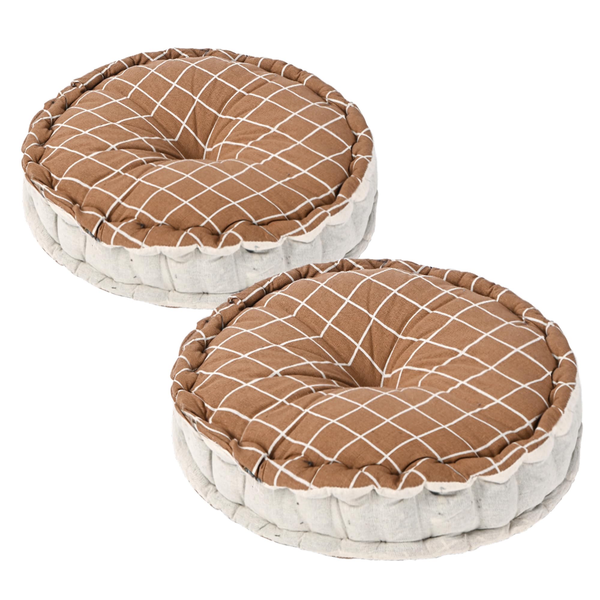 Kuber Industries 2 Pcs Cotton 16x16 Inch Sitting Chair Cushion Pads | Button Sitting Cushion & Back Rest for Chair | Cushion for Office, Dining Chair, Car, Indoor/Outdoor | Round Check - Brown