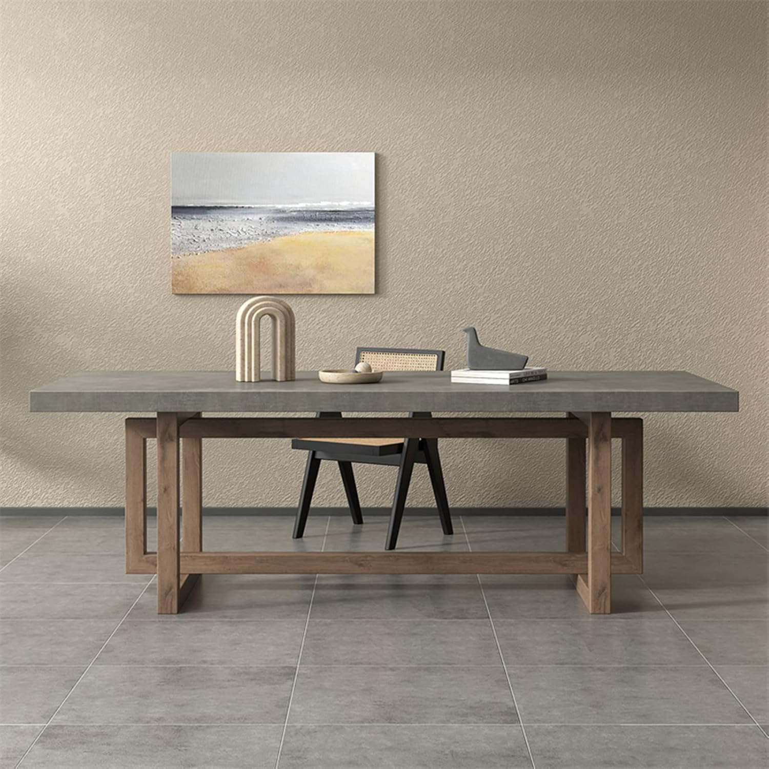 Modern Concrete Grey Dining Table for 6 with Rectangle Wooden Tabletop