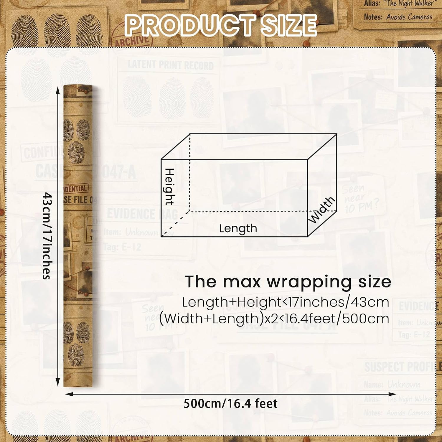 Spy Detective Wrapping Paper Roll, Retro Crime Scene Gift Wrap, Suspense Theme Wrapping Paper with Suspect Profiles & Evidence for Mystery Lovers True Crime Fans, Birthday, Party Decor,17 Inch × 16.4 Feet image 5
