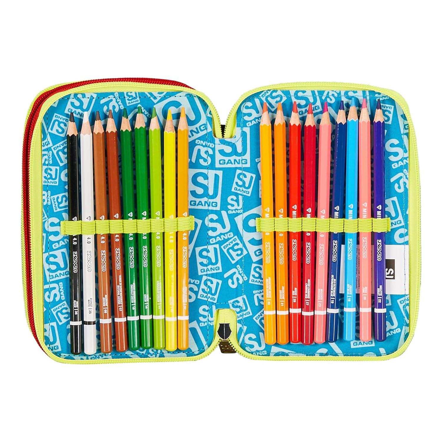 SJ GANG STYLE JAM GANG Astuccio Scuola 3 Zip, Nero, Rosso, FunnyGoal, Portapenne Triplo Scomparto Completo Di Penne, Matite, Colori, Accessori Zaino, Elementari, Medie, Bambino