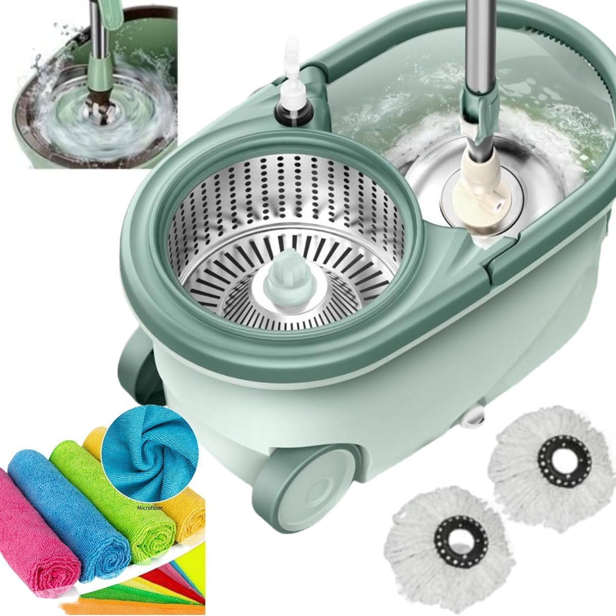 *NEW* SWISSPACK Revolving Spin Mop and Bucket White Pads Bundle (GREEN-GREY)