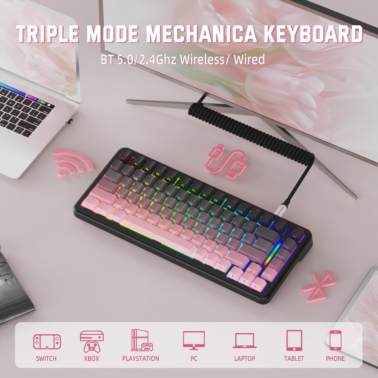 ATTACK SHARK M86 Wireless Mechanical Keyboard, 75% Layout Gasket Custom Structure,Hot Swappable,RGB Backlit,Pre-lubed Switches,Side Printed PBT Keycaps,Tri-Mode BT5.0/2.4GHz/USB-C Keyboard for Win/Mac