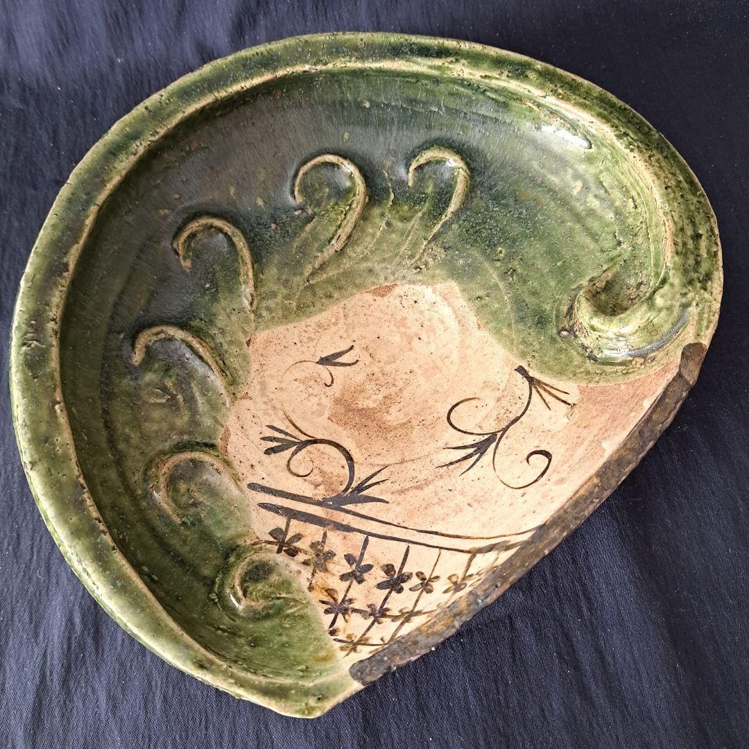 織部おりべ焼 鮑あわび皿の用と美緑釉皿幅23cm 骨董アンティー 織部