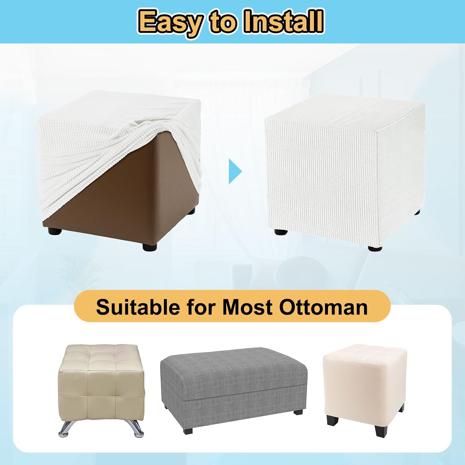 uxcell Stretch Ottoman Cover Rectangular Oversized Square Ottoman Slipcover with Elastic for Foot Stool Living Room Bedroom Fit Length 50-76cm / 20"-30", Small, White image 4