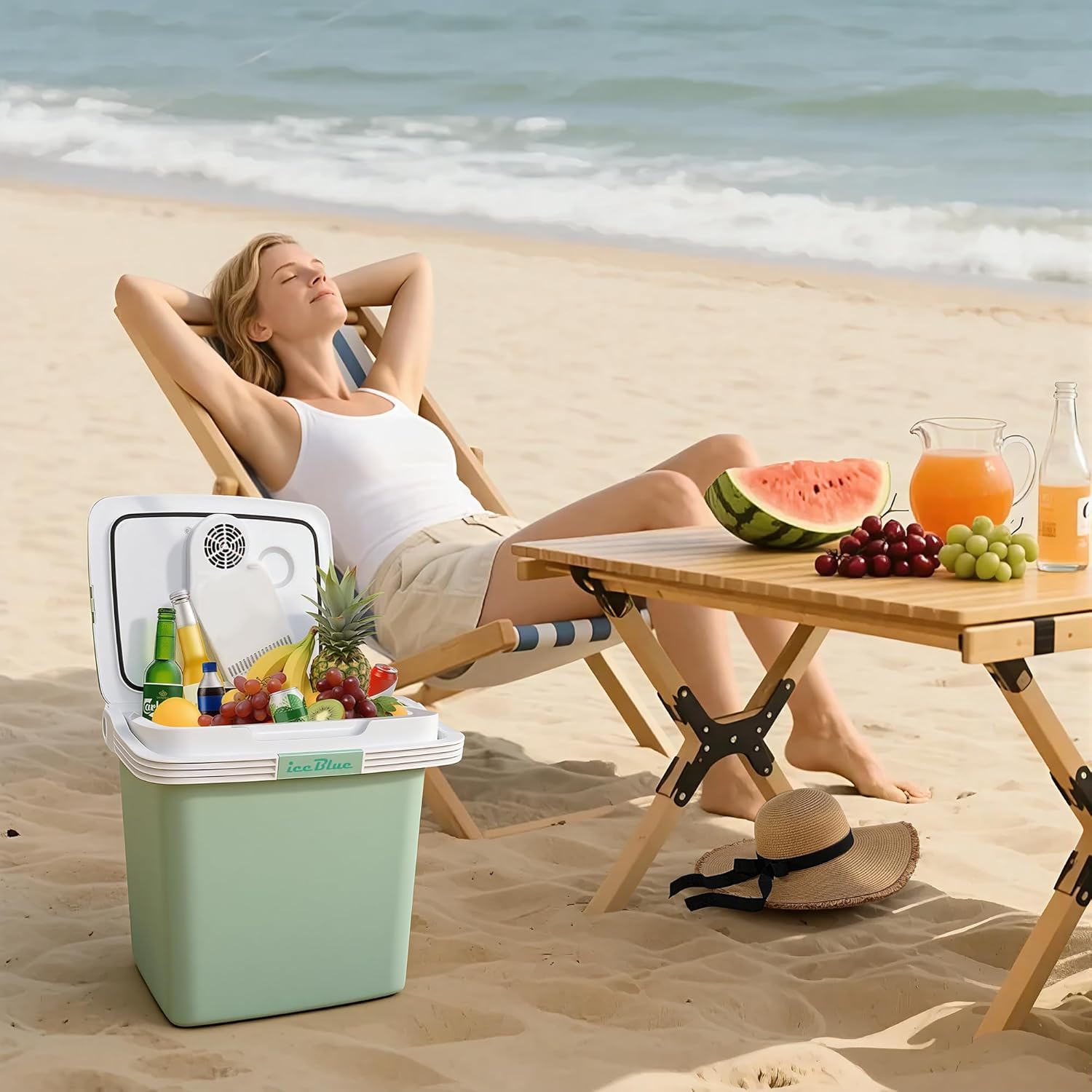 Iceblue Electric Cooler, 26 Liters/28 Cans Mini Fridge with Automatic Locking Handle, 120V AC Home Power Cord & 12V Car Adapter Car Refrigerator, Car Fridge for Home, Car, Gift - Green
