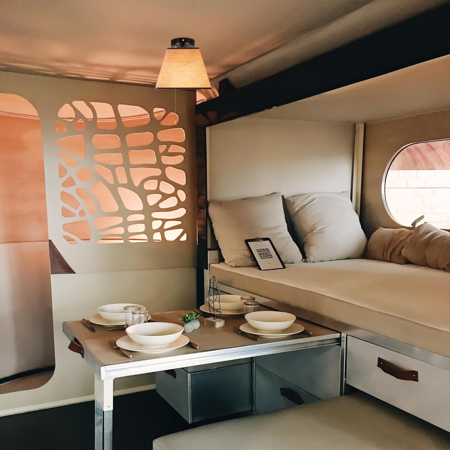 12V RV Square Interior Lighting with Zipper Switch Natural Linen Boho Brown Fabric Square Shade, Replaceable 2700K Bulb Included Semi Flush Mount Decorative for Trailer Camper's Decor