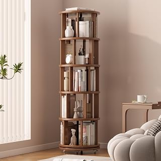 YQJJGL Drehbares Bücherregal, Massivholz, Standregal, 360 Grad, Bücherregal Kinder, für Wohnzimmer, Arbeitszimmer, Büro, 5 Ebenen (Walnuss)