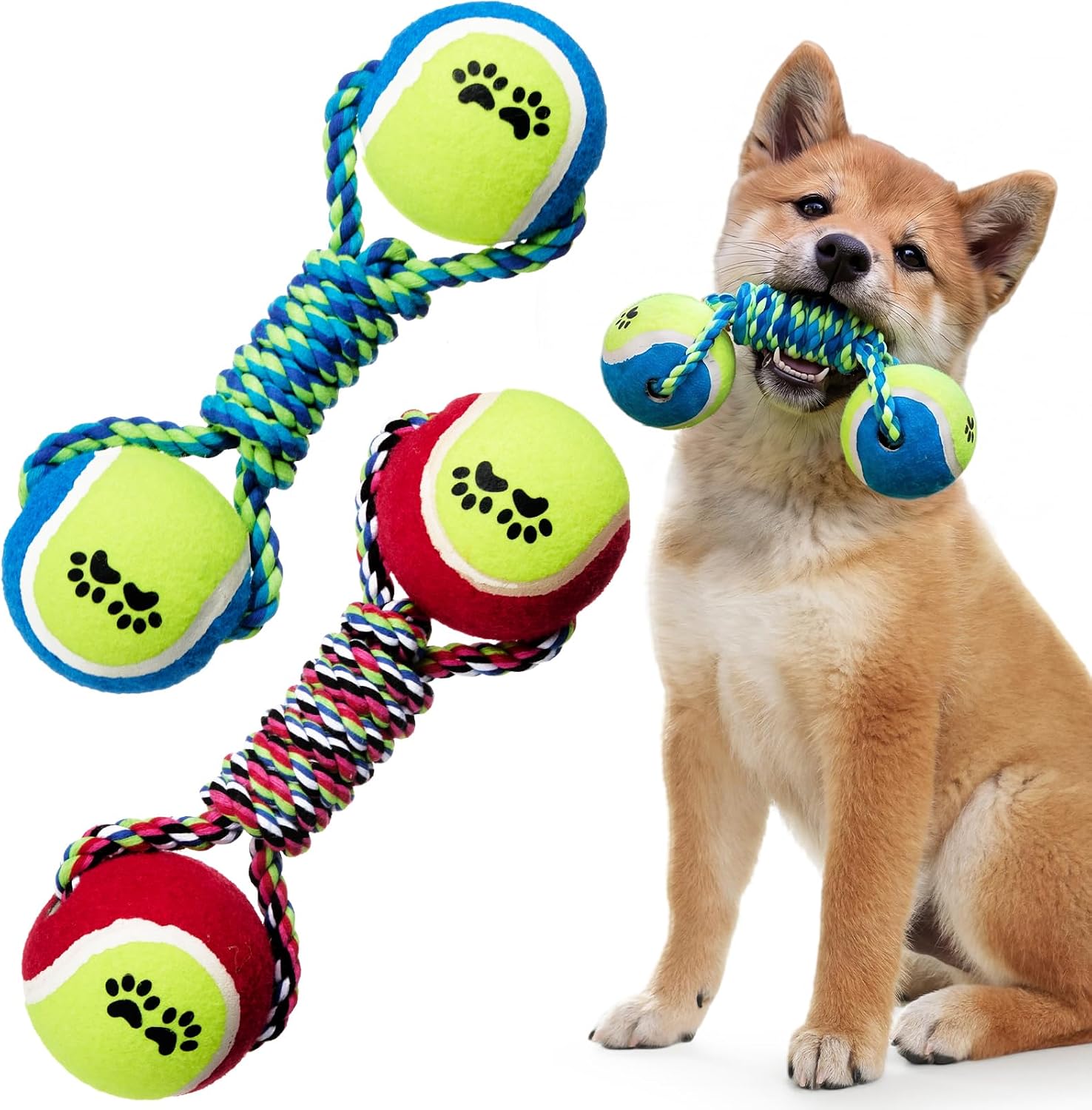 Vinsot 2 Pcs Dog Rope Toy Tug of War Interactive Cotton Rope Dog Chew Toy with Tennis Ball for Medium Small Aggressive chewers for Fetch Training Teeth Cleaning Outdoor Play(8.3 Inches)