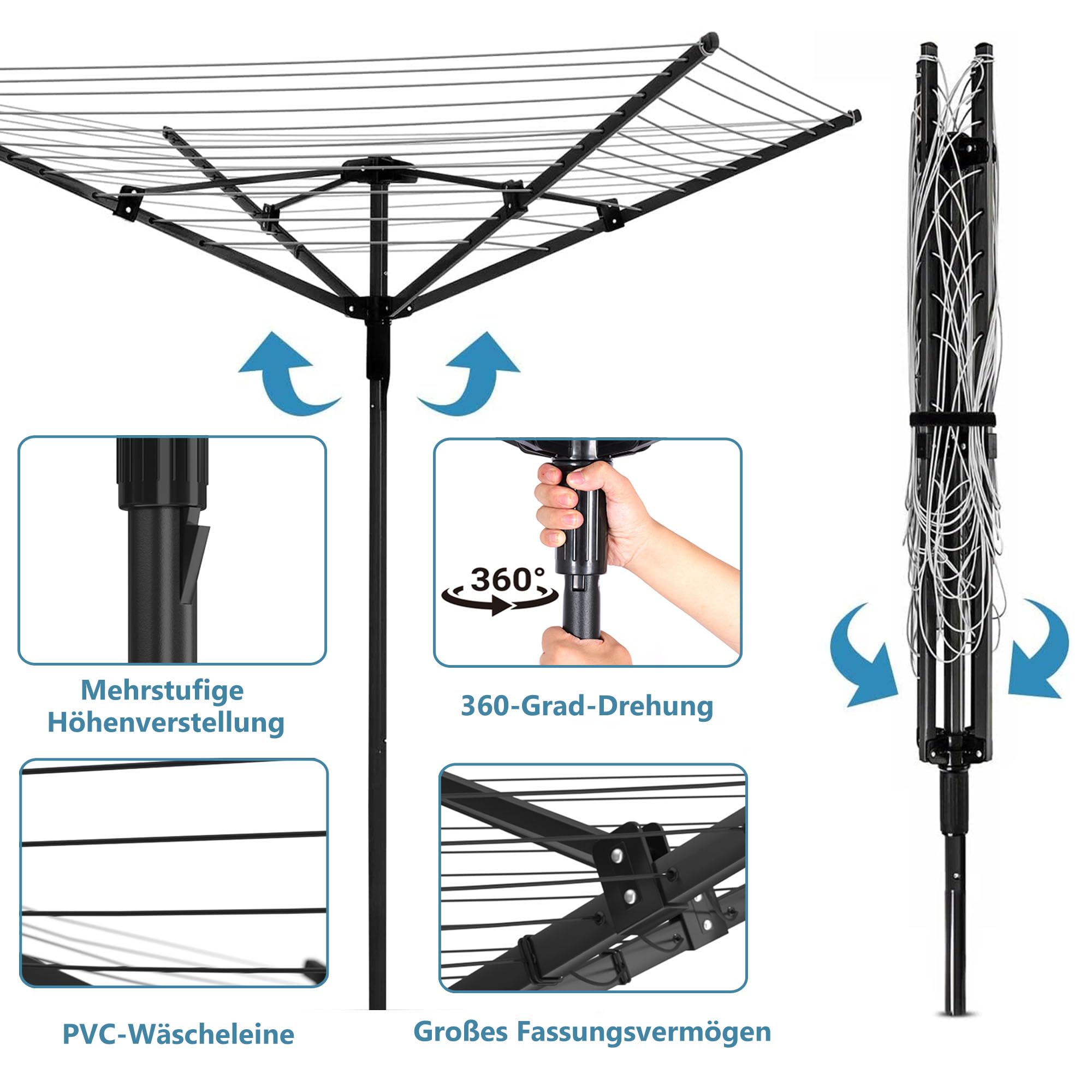 MYOYAY Wäschespinne Draußen, Faltbare 4-armig Wäscheständer mit Bodenhülse | Wäscheständer Wäschespinne für Garten große xxl Wäscheschirm mit Schutzhülle, 50m PVC Wäscheleine, Schwarz