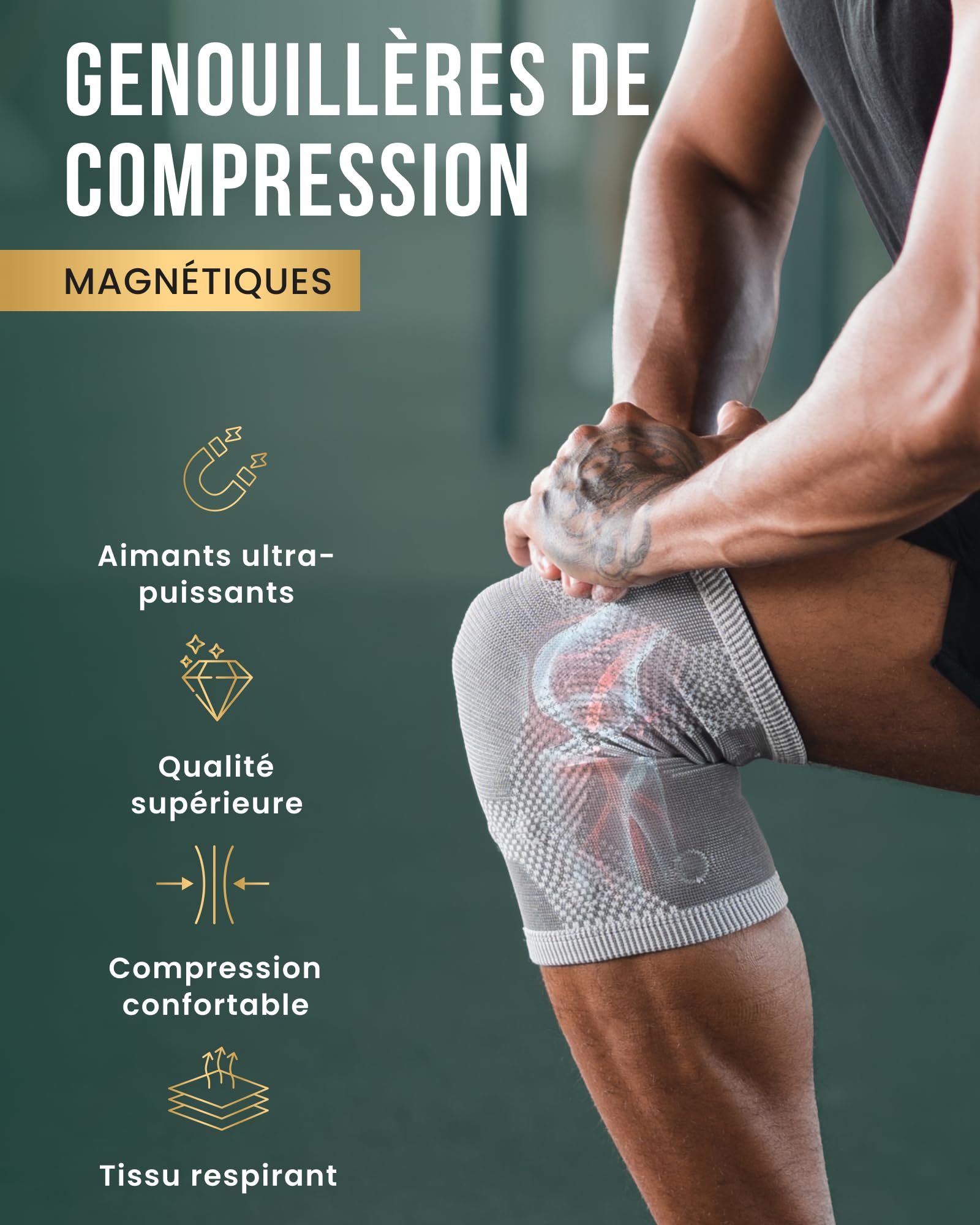 MagnetRX® - Genouillère rotulienne (lot de 2) Manchon de compression pour genoux avec aimants ligamentaire pour le sport maintien du ménisque Taille (Grand)