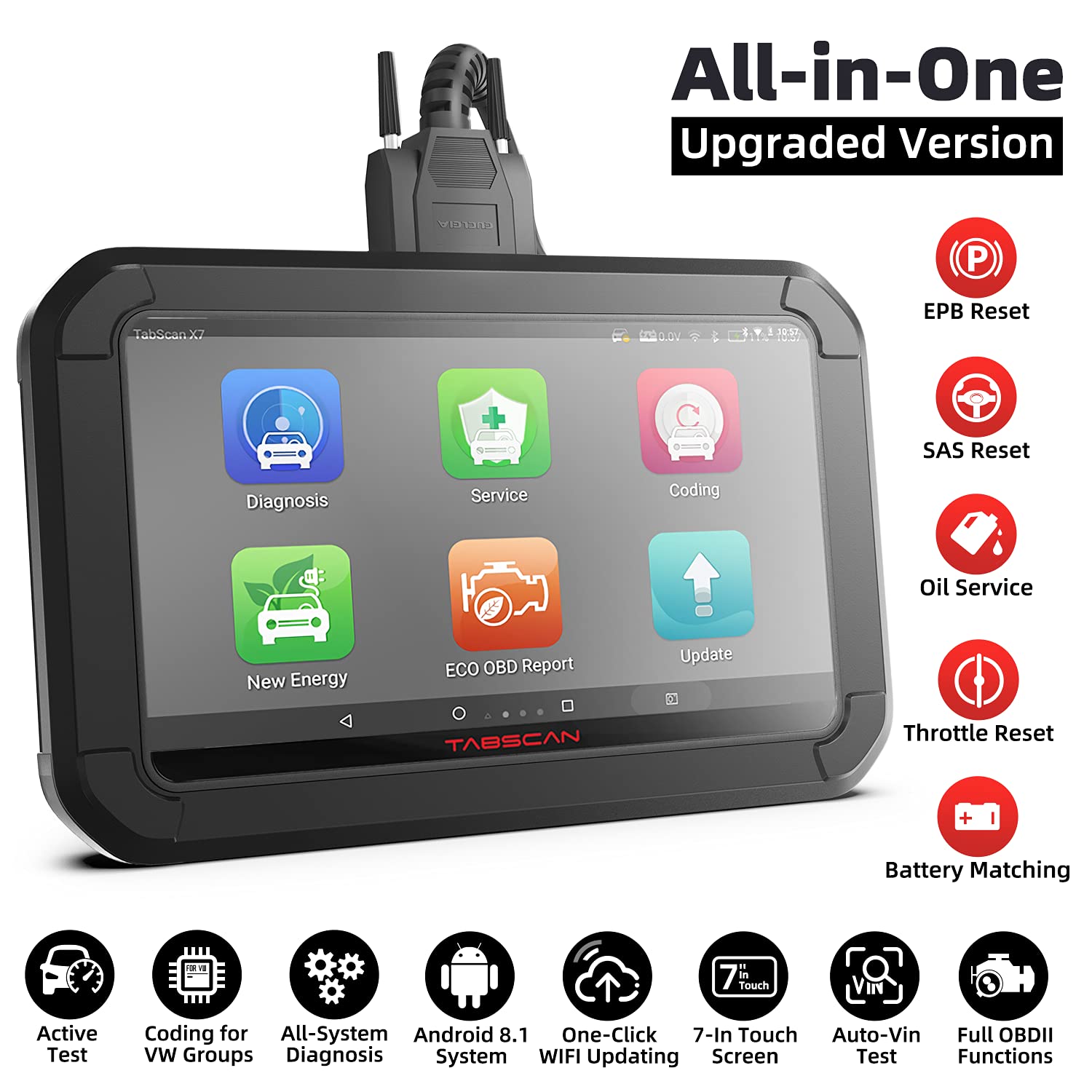 TabScan X7 Car Code Reader with Active Test Universal Full-System Diagnostic Scanner 5 Service Reset