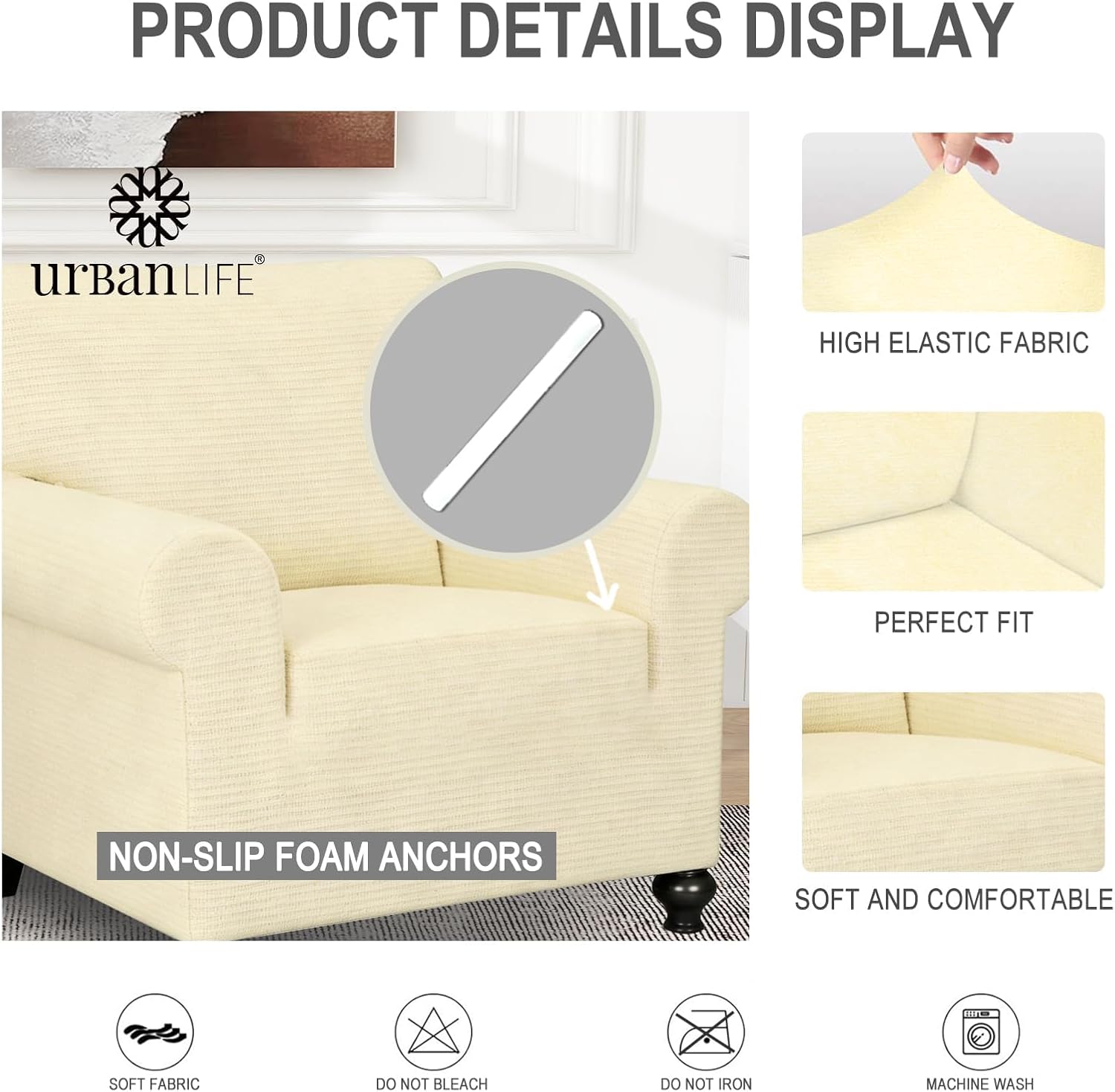 URBANLIFE 1-Piece Stretch Sofa Slipcovers for 1 Cushion Single Seat Sofa & Oversized Chair Slipcover, Super Stretch Spandex Non-Slip Cover with Elastic Bottom, Machine Washable, Cream