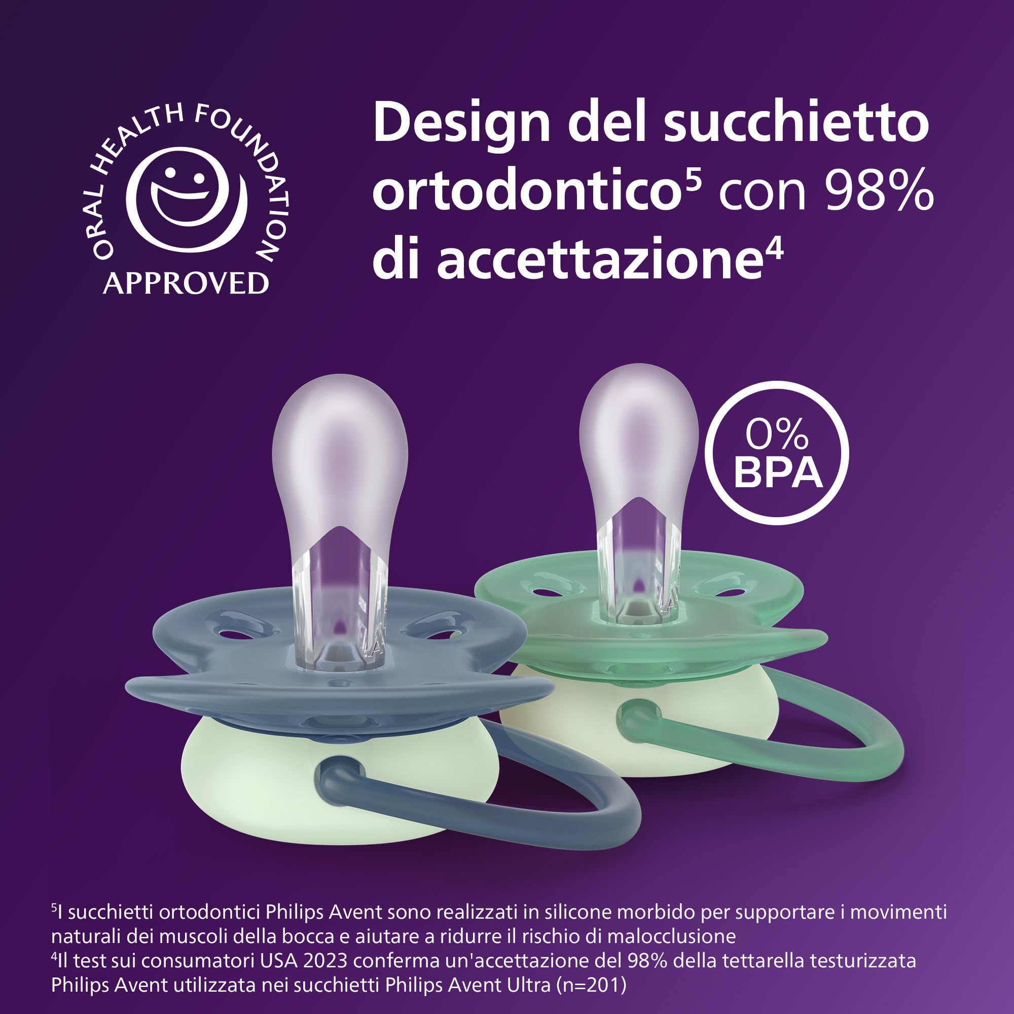 Philips Avent Ciucci Ultra Soft Nighttime Design ortodontico 6-18 mesi illuminano al buio silicone no BPA 4 pezzi