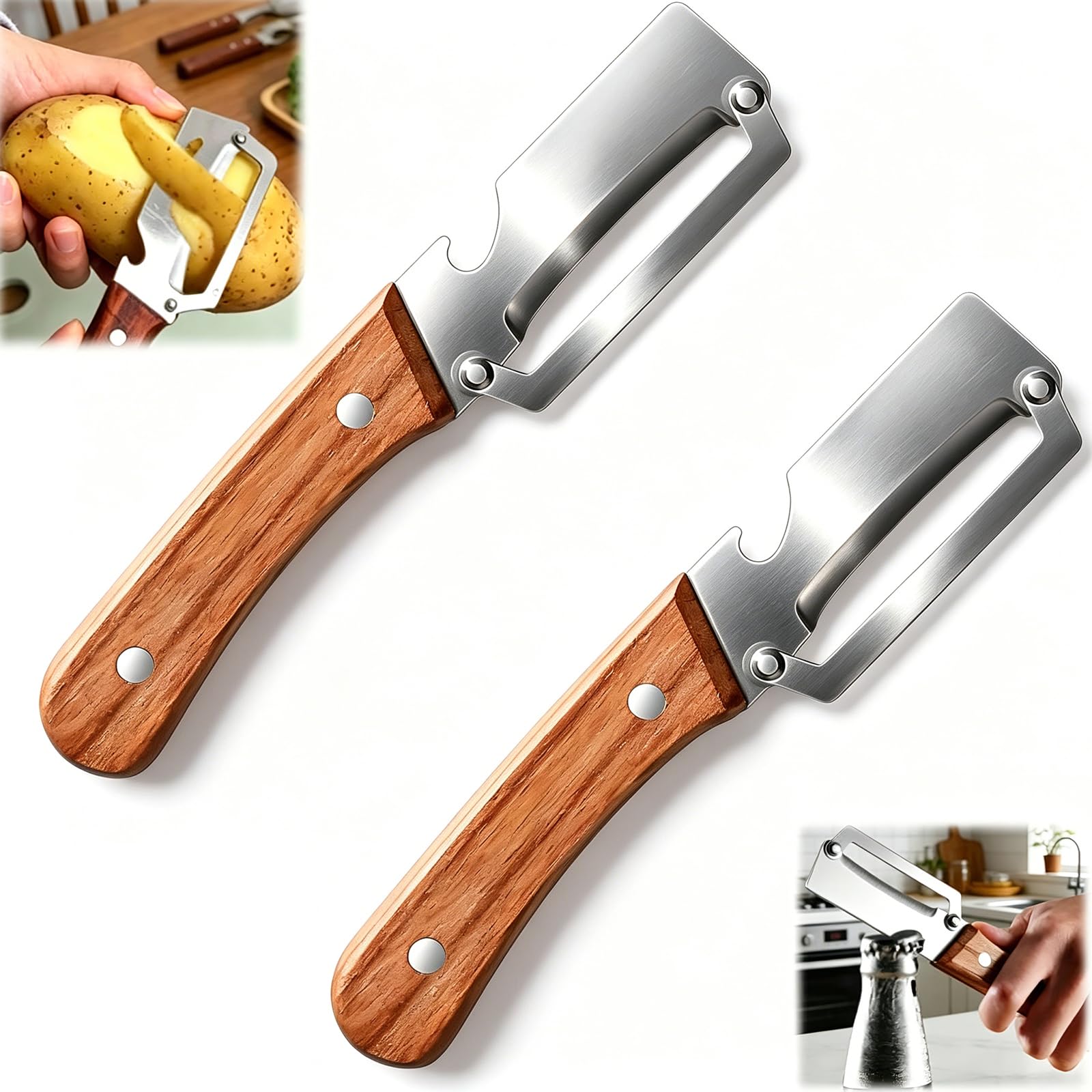 Multifunctional Vegetable Peeler with Wooden Handle 2 Pack,2-in-1 Stainless Steel Veggie Cutter with Bottle Opener,Kitchen Tool for Sugar Cane Potato Pineapple Pumpkin Papaya Carrot Fruit