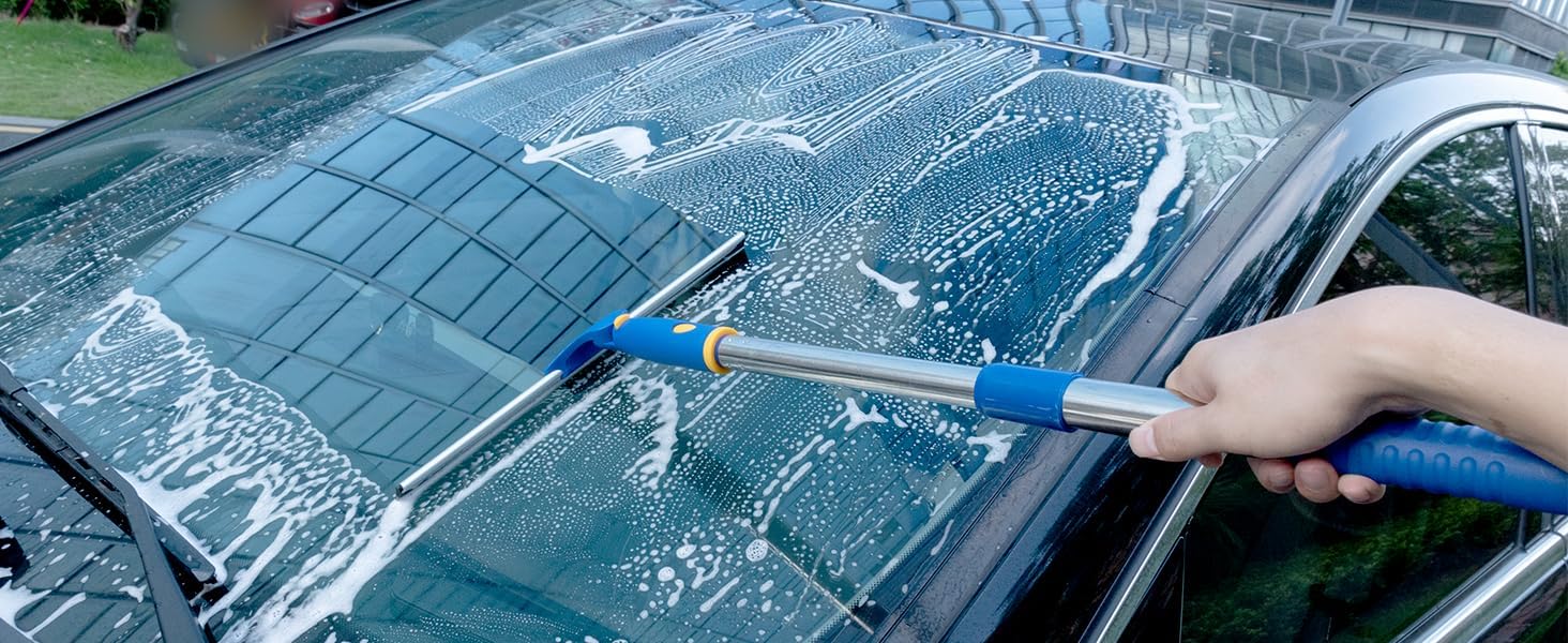 14" Window Cleaning Tool, All-Purpose Extendable Window Squeegee with 2 Blades and Stainless Steel Pole, Shower Squeegee for Glass Doors,Shower Doors, Windows, Bathroom and Car Windshields