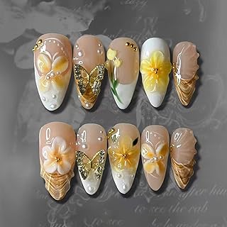 24Pcs Creamy Yellow French Press on Nails Medium Almond Fake Nails with Pearl Gold Beads Design 3D Butterfly Lily False Nails Spring Summer Glossy Full Cover Sweet Floral Stick on Nails for Women