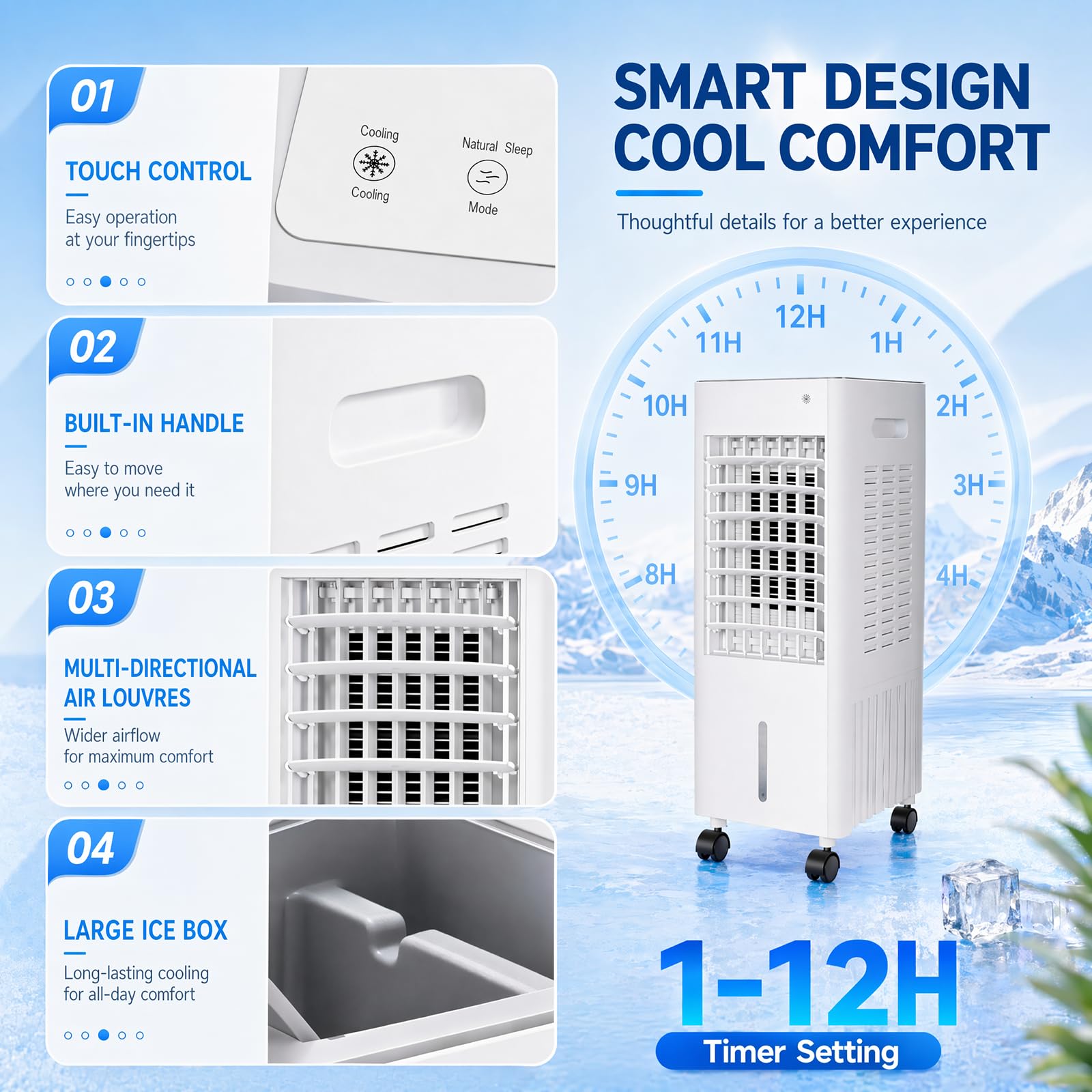 4-in-1 Air Cooler 12L Mobile Klimaanlage ohne Abluftschlauch, Luftkühler Verdunstungskühler mit Fernbedienung