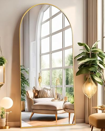 Espejo arqueado de longitud completa, espejo de suelo con soporte, espejo grande de 76 x 34 pulgadas, espejo de pared de longitud completa, espejo