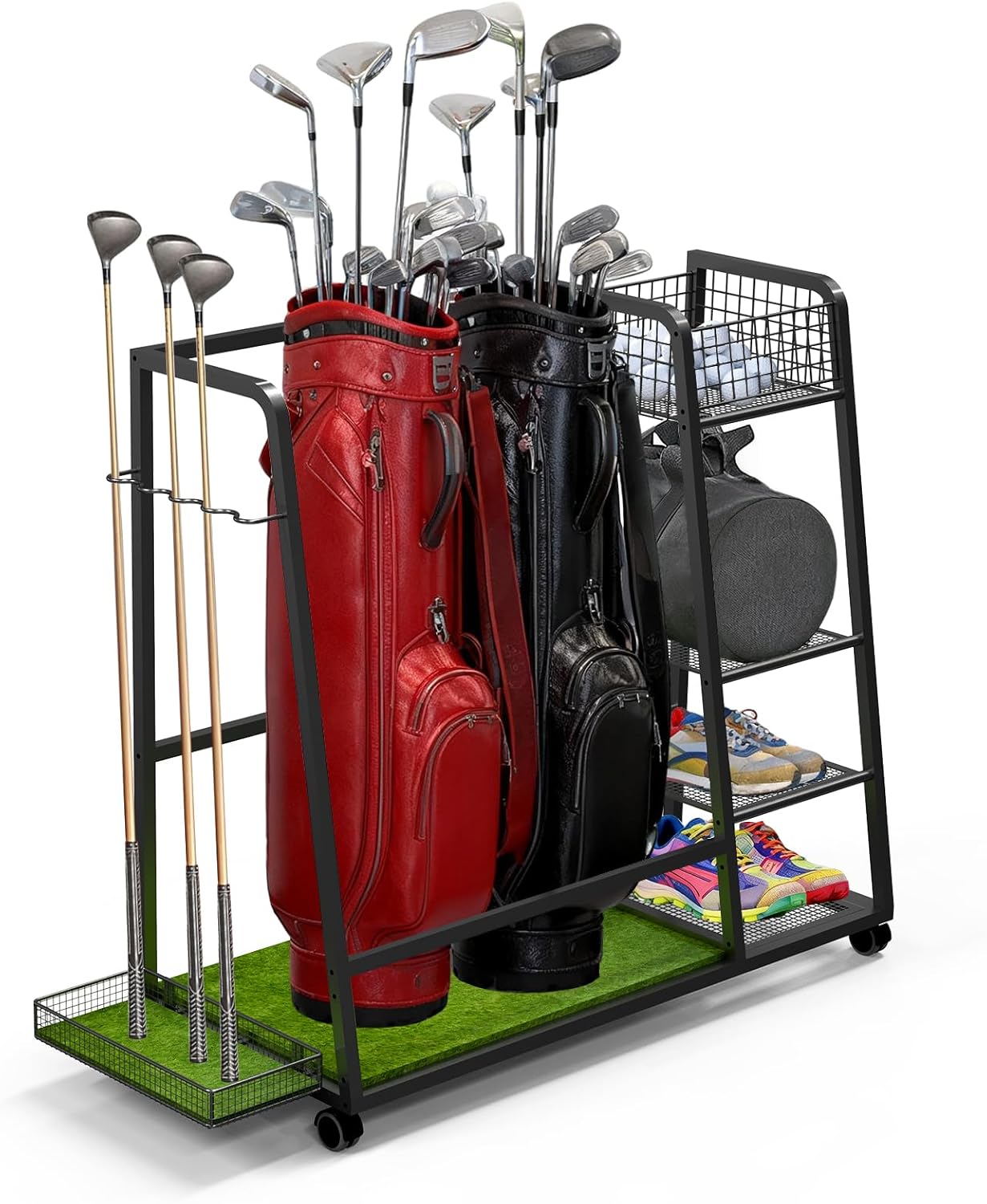 TooCust Golf Bag Storage Rack for Garage Fits 2 Bags, Heavy Duty Metal Golf Bag Organizer with Wheels, Freestanding Golf Club Rack for Equipment Accessories with Shelves & Protective Turf Mat