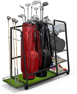 TooCust Golf Bag Storage Rack for Garage Fits 2 Bags, Heavy Duty Metal Golf Bag Organizer with Wheels, Freestanding Golf Club Rack for Equipment Accessories with Shelves & Protective Turf Mat