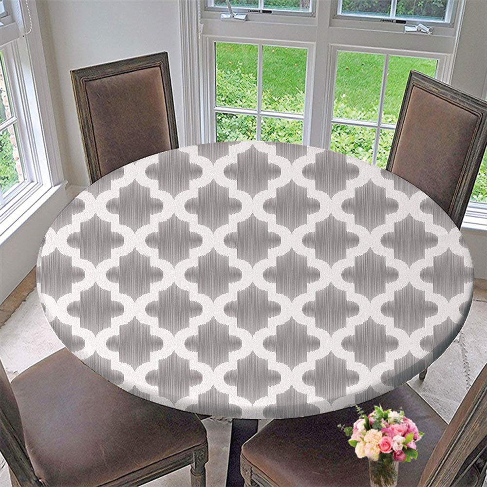 SUPNON Outdoor Tablecloth Waterproof Spillproof Polyester Table Cover Grey and White,Damask Geometric Middle for Patio Garden Tabletop Decor Diameter 55