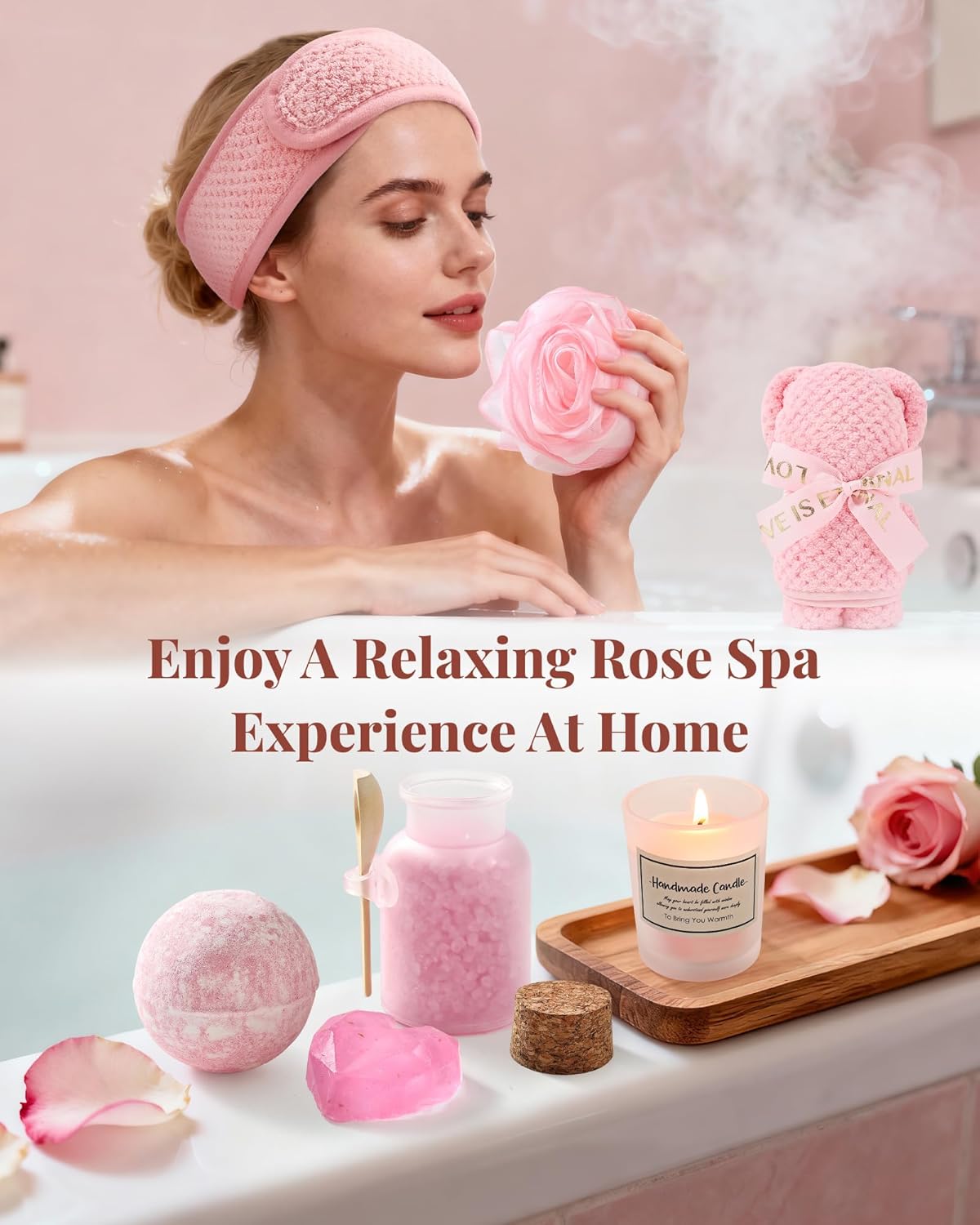 Belloxis Valentines Day Gifts for Her 15Pcs Spa Gifts for Women Self Friend Care Gift Baskets Get Well Soon Presents Pink Rose Care Relaxing Package Basket Set Valentine for Mom Sister Wife Grandma - Image 4