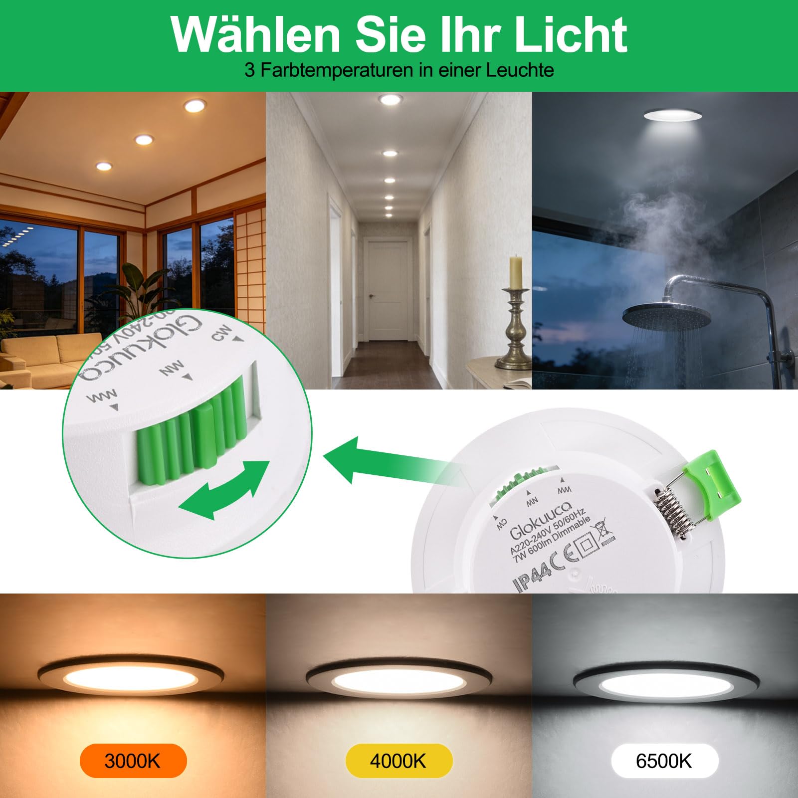 LED Einbauleuchten, 7W Dimmbar LED Spots 230V Deckenstrahler mit 68–78 mm Einbaudurchmesser, Warmweiß 3000K Neutralweiß 4000K Kaltweiß 6500K für Küche und Badezimmer, 20er Set | 68–78 mm Einbaudurchmesser, Warmweiß 3000K, Neutralweiß 4000K, Kaltweiß 6500K
