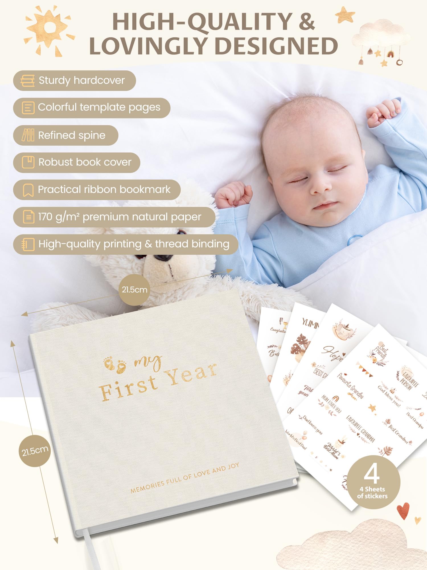 Baby Memory Book with Linen Cover - My First Year Keepsake Album, 84 Pages with Stickers, Baby Journal for Boys and Girls (Linen beige) - Image 2