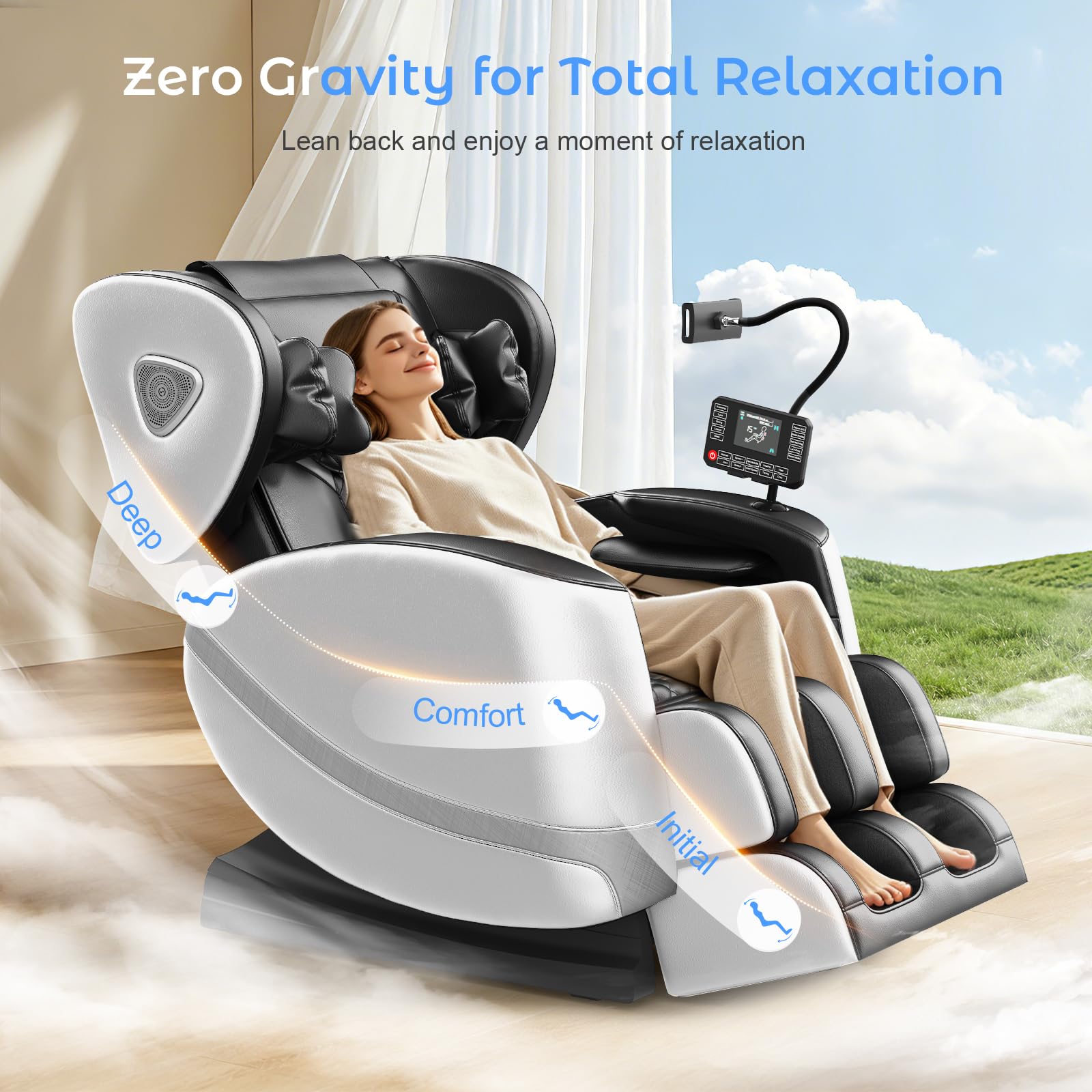 Ganzkörper Massagesessel mit Rollen & Airbags für Massage, Zero Gravity mit Bluetooth Lautsprecher und Touchscreen, Heizfunktion für Taille & Beine, mit Fußmassage für Hause/Büro (Hellgrau)