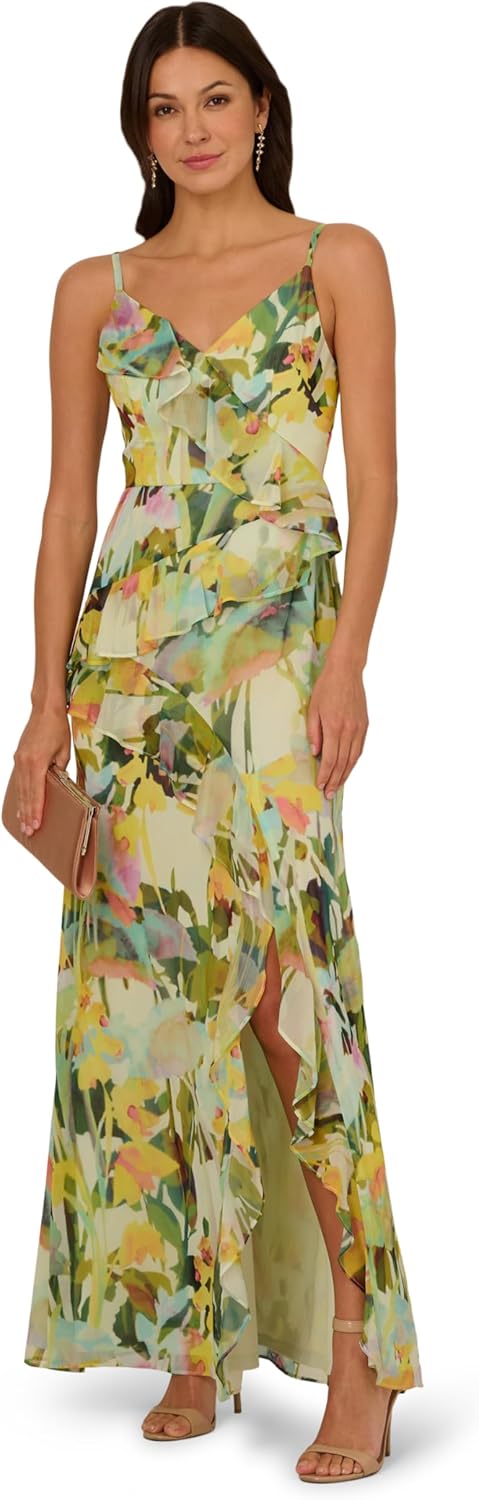 Adrianna Papell Women's Printed Strap Cascade Gown