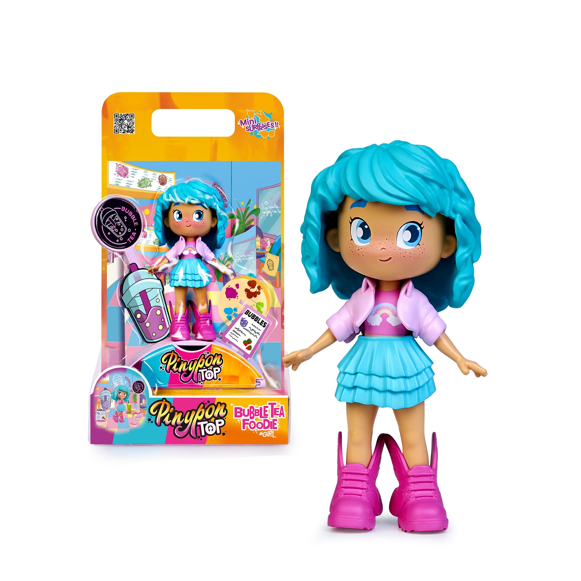 Pinypon TOP Bubble Tea Girl, Chica TOP con Temática Té de Burbujas, Figura Articulada de Brazos y Piernas, Doble Cara y Ropa y Zapatos Intercambiables, Sobre con Accesorios, +4 años, Famosa (PNN01300)