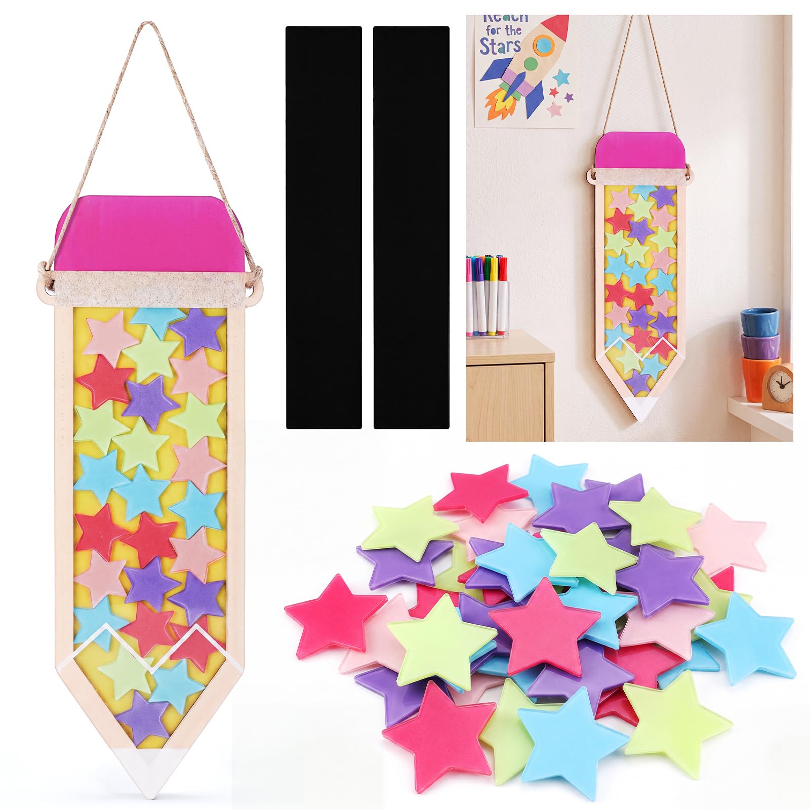 Qunclay Tarro de recompensa magnético con lápiz de 11.8 pulgadas para niños, sistema de recompensas para profesores, con fichas de estrella coloridas, herramientas de gestión del comportamiento para