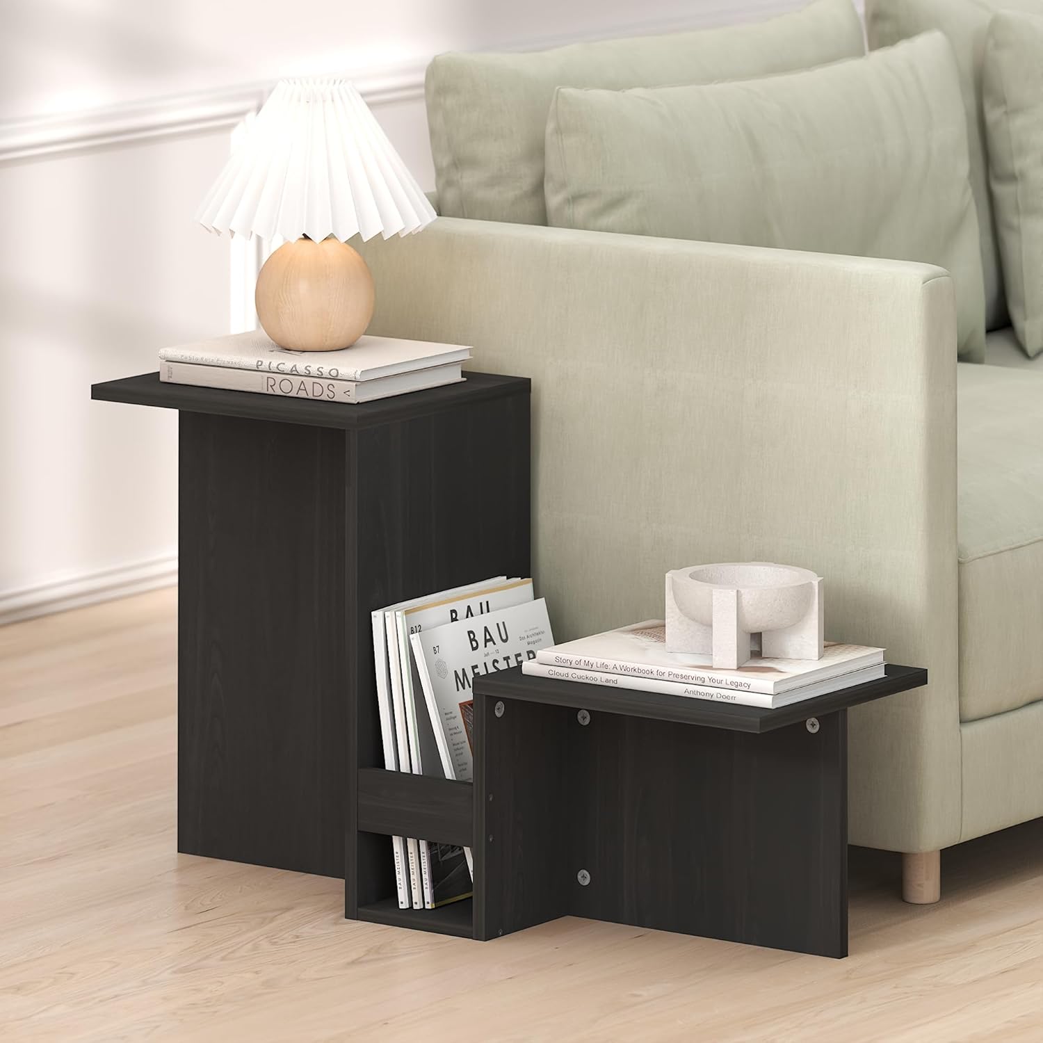 Furinno BOYATE Side Table, Valley Shaped End Table, with Tiered Levels and Magazine Rack, for Living Room, Espresso