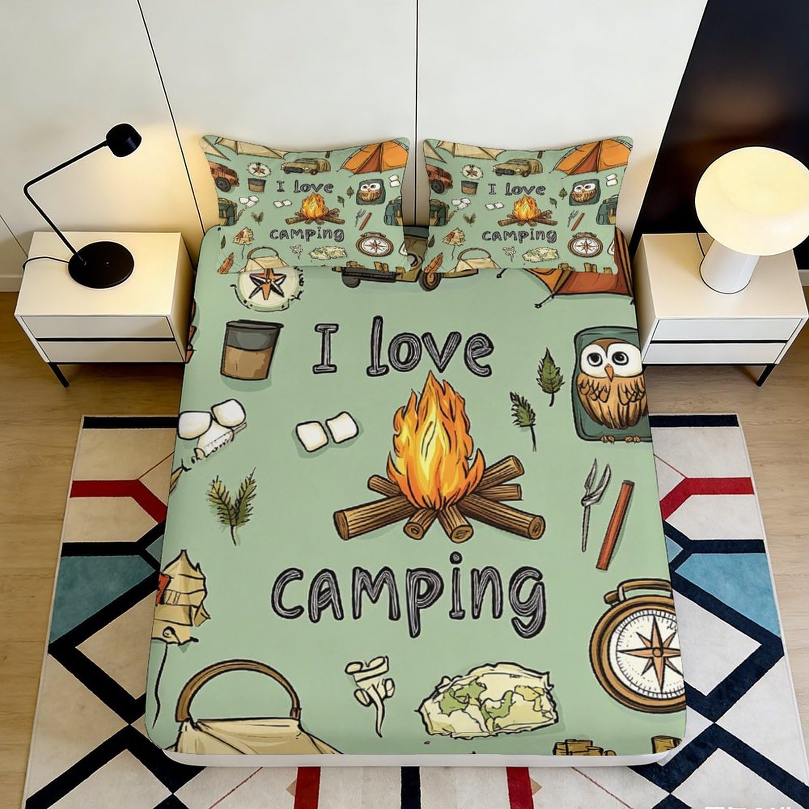 Pnayamiorkfel Style-3 3D Printed Camping Campfire Fitted Sheet Microfiber Forest Owl Compass Mattress Cover For Bedroom Guest Room Decor 90X200x25cm