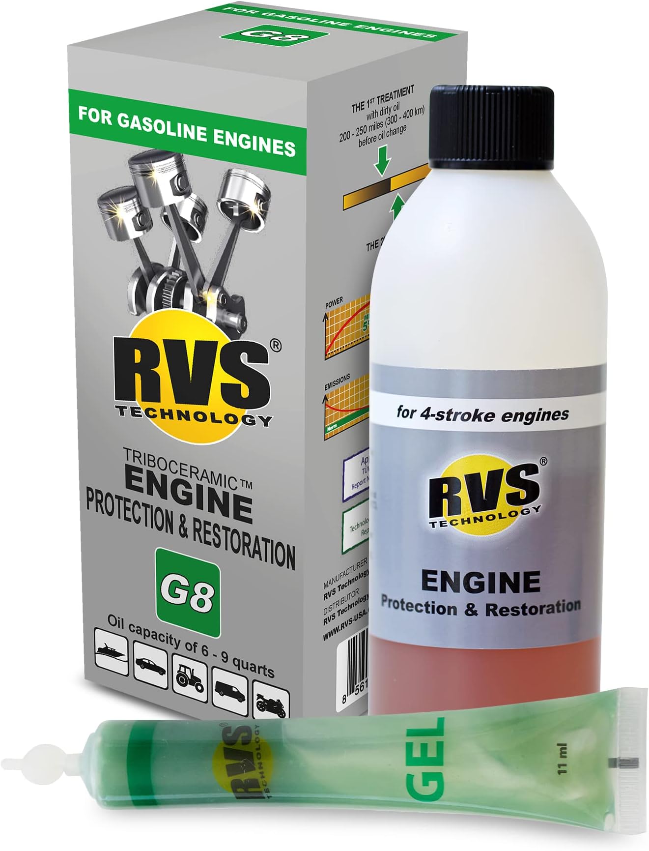 G8 RVS Technology engine treatment. For gasoline engines with an oil capacity up to 9 quarts. Restore and protect your engine, save fuel, increase power. Safe for all engines.