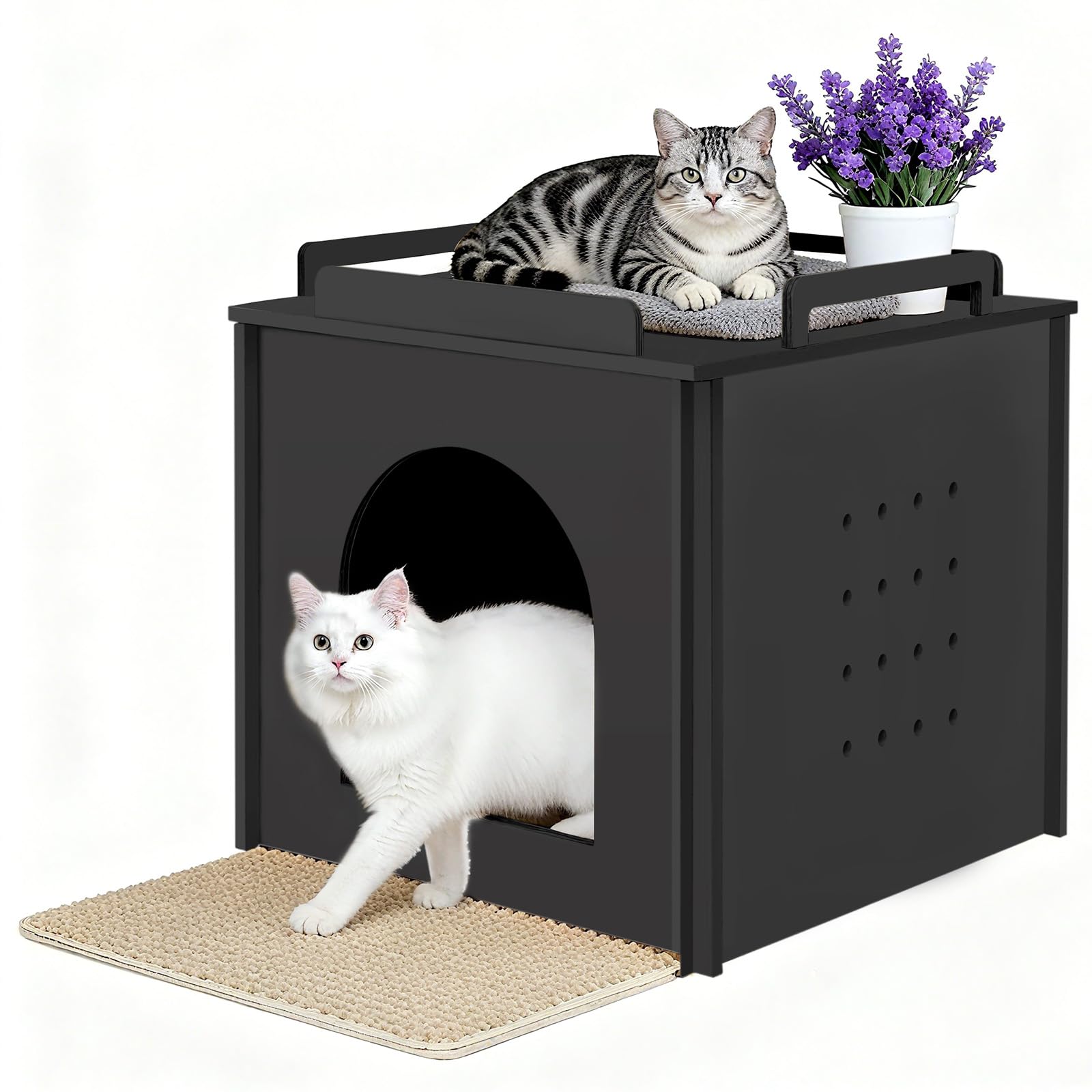 Wooden Cat Litter Box Enclosure, Hidden Litter Box Furniture with Litter Mat, Multi-Functional Cat House, for Living Room Bedroom Indoor, 23.2 x 17.7 x 19.3 inches, Black