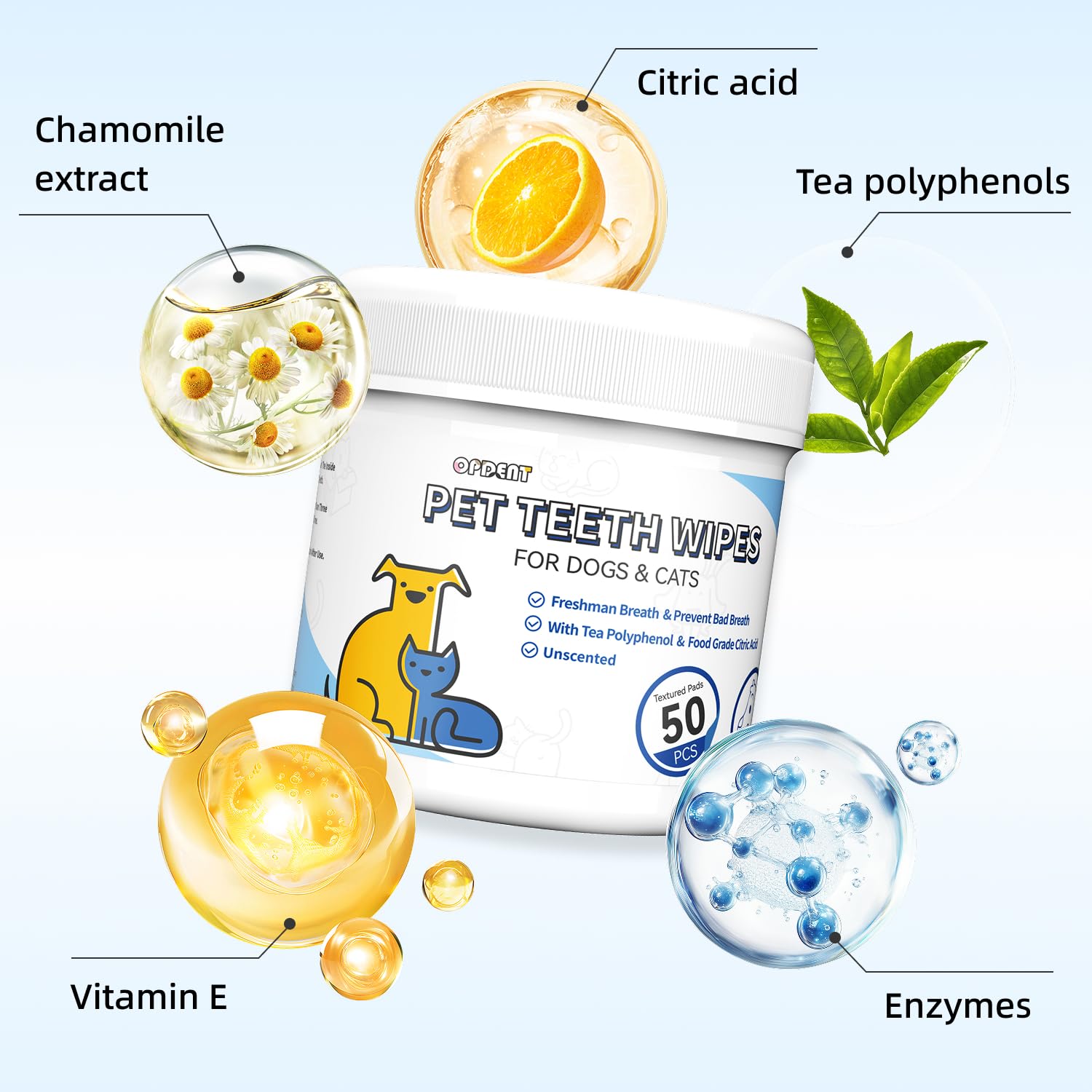 Dog Dental Wipes for Teeth Cleaning 50 Count, Unscented Pet Finger Toothbrush Alternative for Cats and Puppies, No-Rinse Breath Freshener with Coconut Oil - image 2