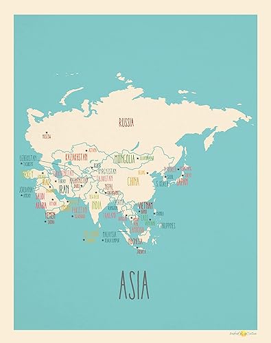 Map Of Asia - Arte de pared de mapa de Asia (11 x 14 pulgadas), mapa de Asia para decoración de pared de cualquier habitación. Mapa educativo para