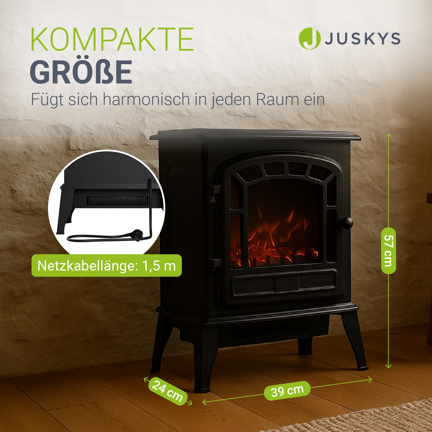 Juskys® Elektrokamin 2000 W — Schwarz, elektrischer Standkamin mit Flammeneffekt, 2 Heizstufen, Thermostat & Sicherheitsabschaltung für Wohnzimmer