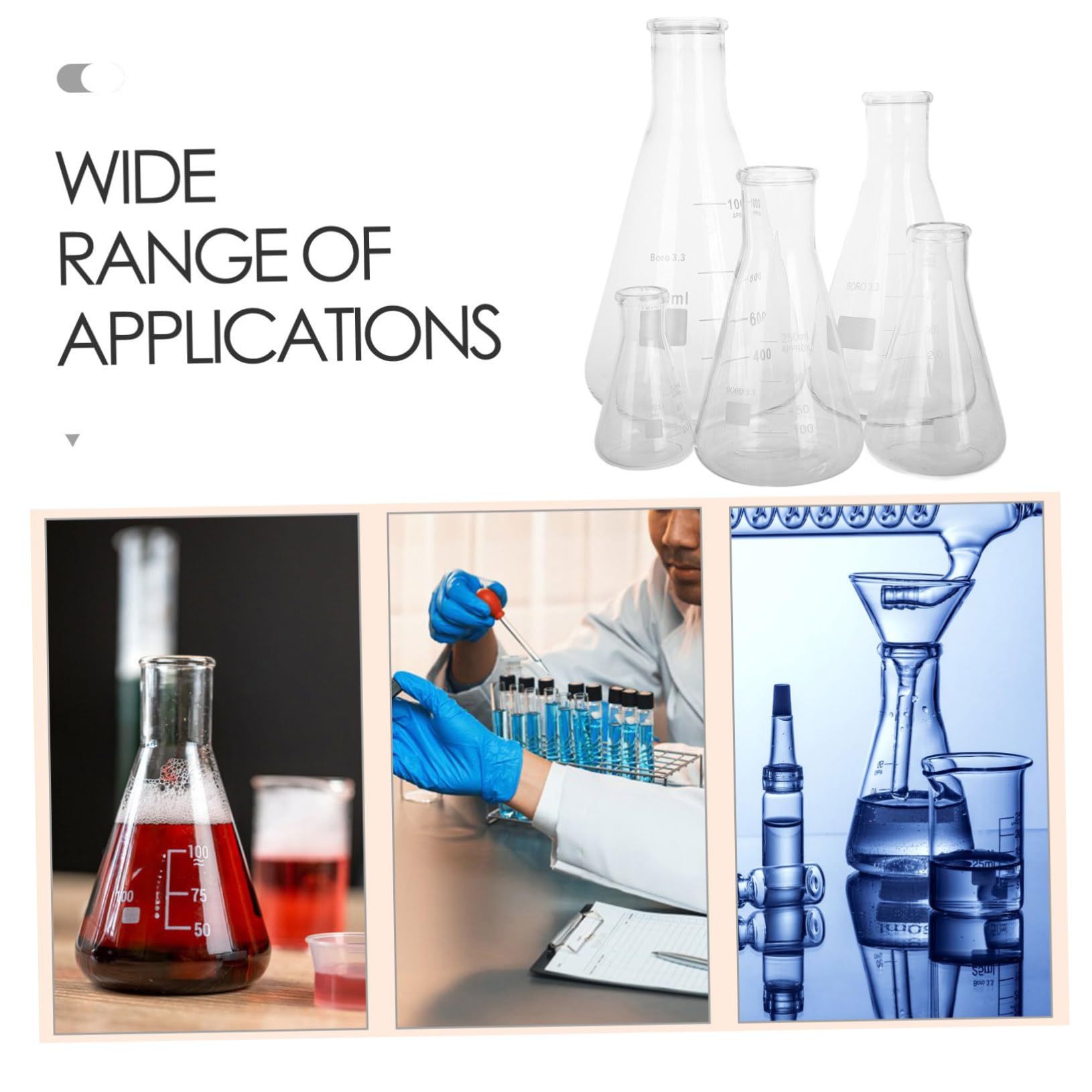 Erlenmeyer Graduados Juego de 5 Matraces de Vidrio de Borosilicato Capacidad 50 Ml a 1 L Resistencia Alta Temperatura Base Triangular para Laboratorio Químico
