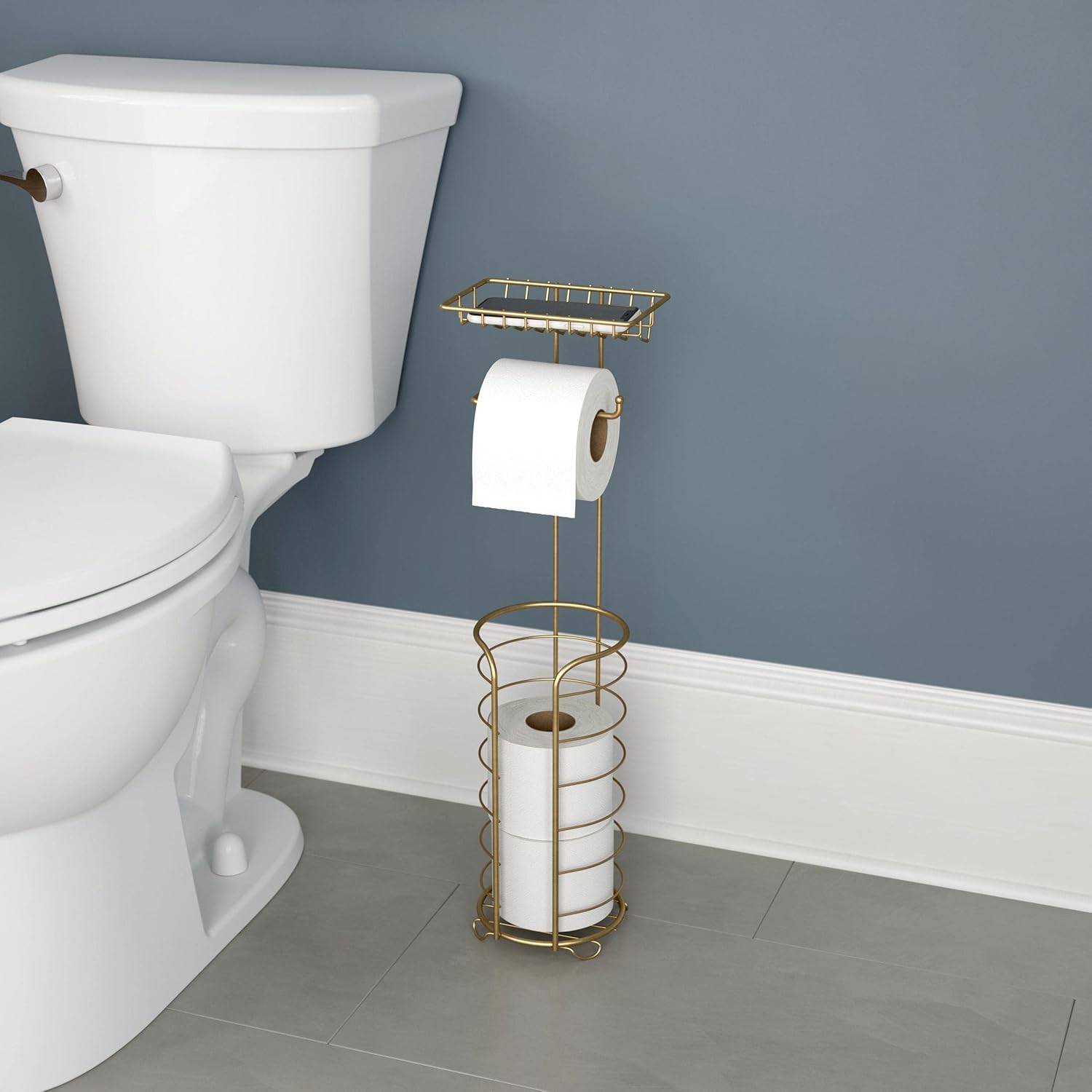 Franklin Brass (1-Pack) Toilet Paper Holder Free Standing Satin Gold Toilet Paper Stand Storage Bathroom Organization Storage Shelf Standing Tissue Holder Bathroom Accessories 47664-BB