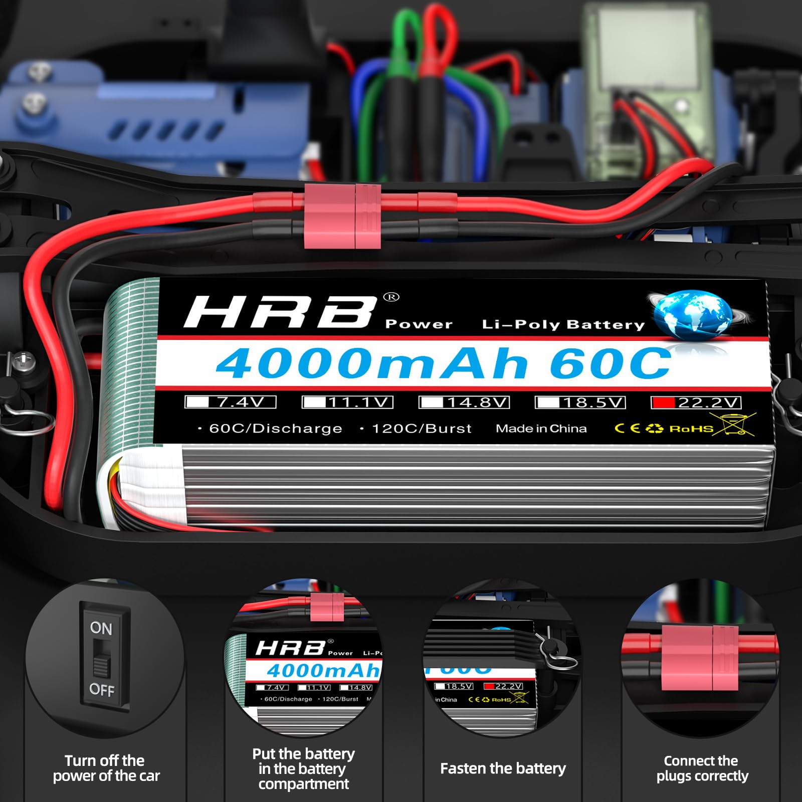HRB 2pcs 6S Lipo Battery Dean T 22.2V 4000mAh 60C RC Lipo Battery Compatible with für RC Quadrocopter Flugzeug Helikopter Auto Boot Hobby