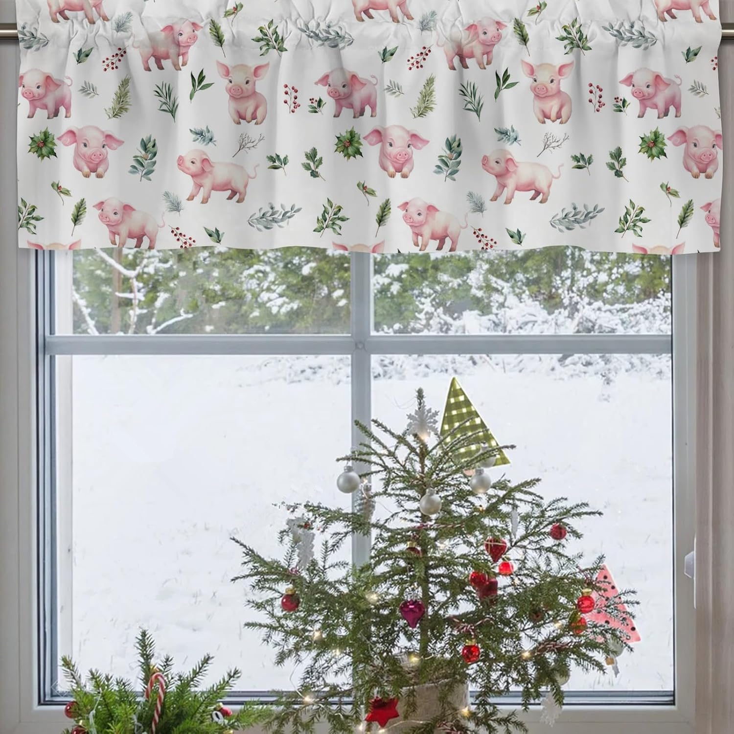 Farm Pink Pigs Boho Leaves Valances 54''x18'' Christmas Animals Short Curtains Rod Pocket Window Treatment Drapes for Kitchen Nursery Bedroom Barthroom Living Room Farmhouse Decor 1 Pack