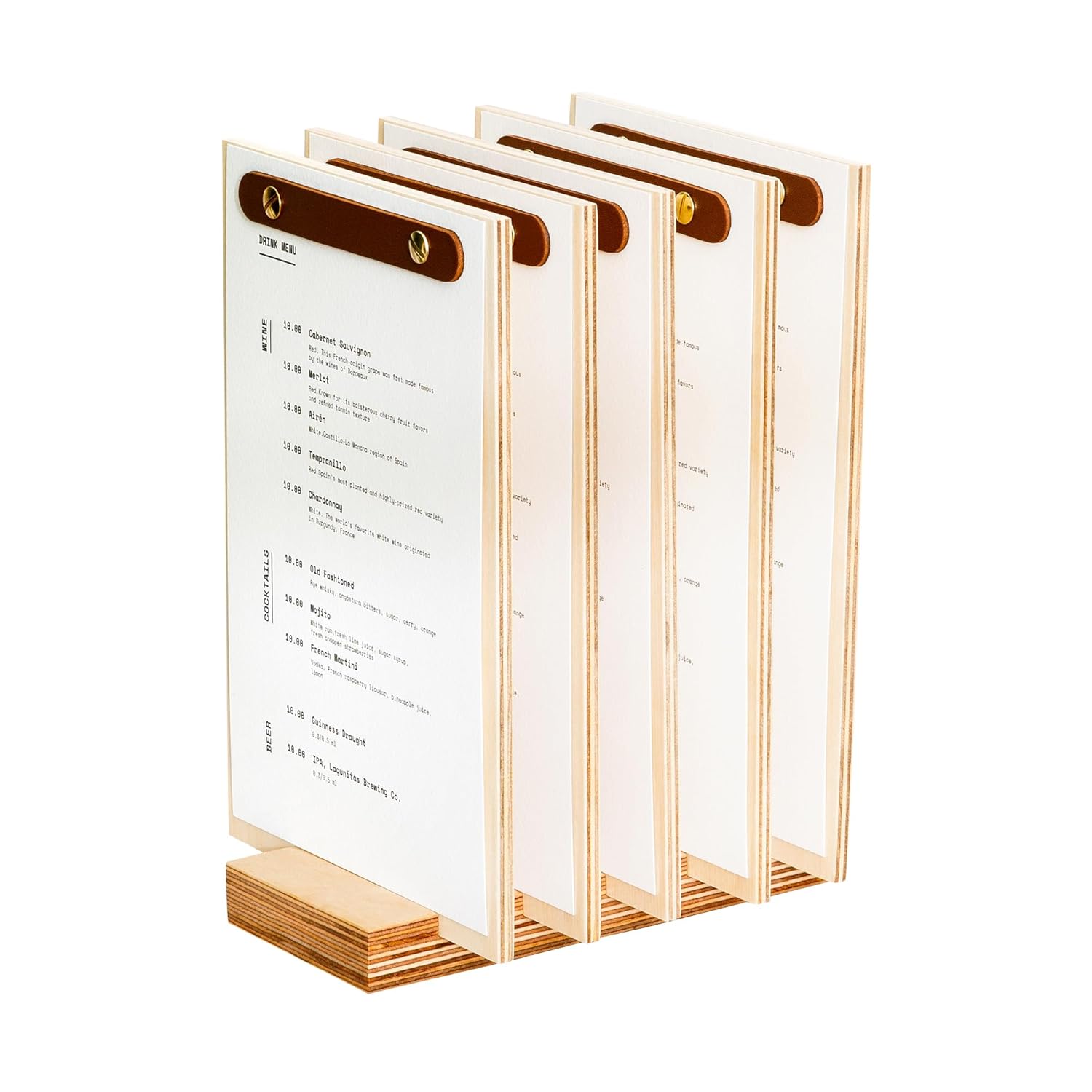 Wooden Menu Holder Set of 5 with Base - Personalized Lacquered Wood Menu Boards for Restaurant, Bar or Café - Custom Engraved Menu Holder with Golden Chicago Screws