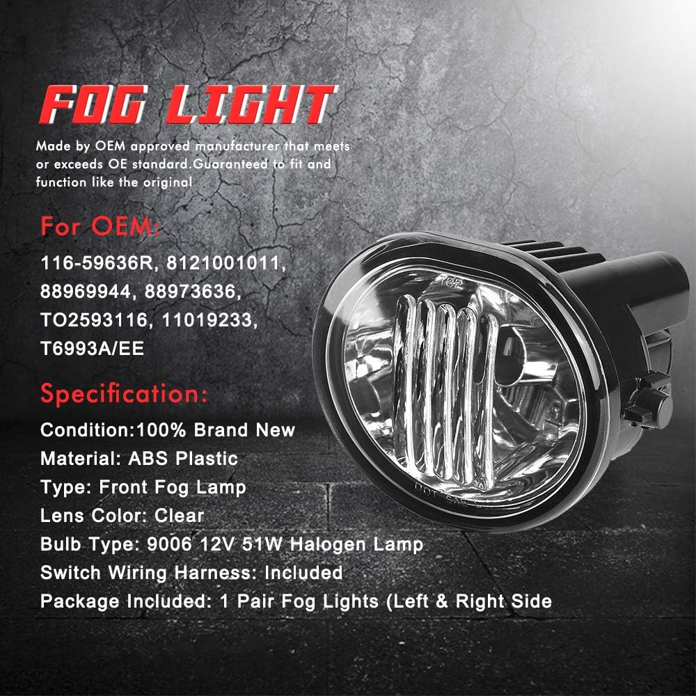 Driving Fog Lights Lamps Replacement for 2003-2008 Toyota Matrix, 2003-2008 Pontiac Vibe, 2004-2010 Scion TC with 9006 12V 51W Halogen Bulbs& Wire harness kit (Clear Lens)