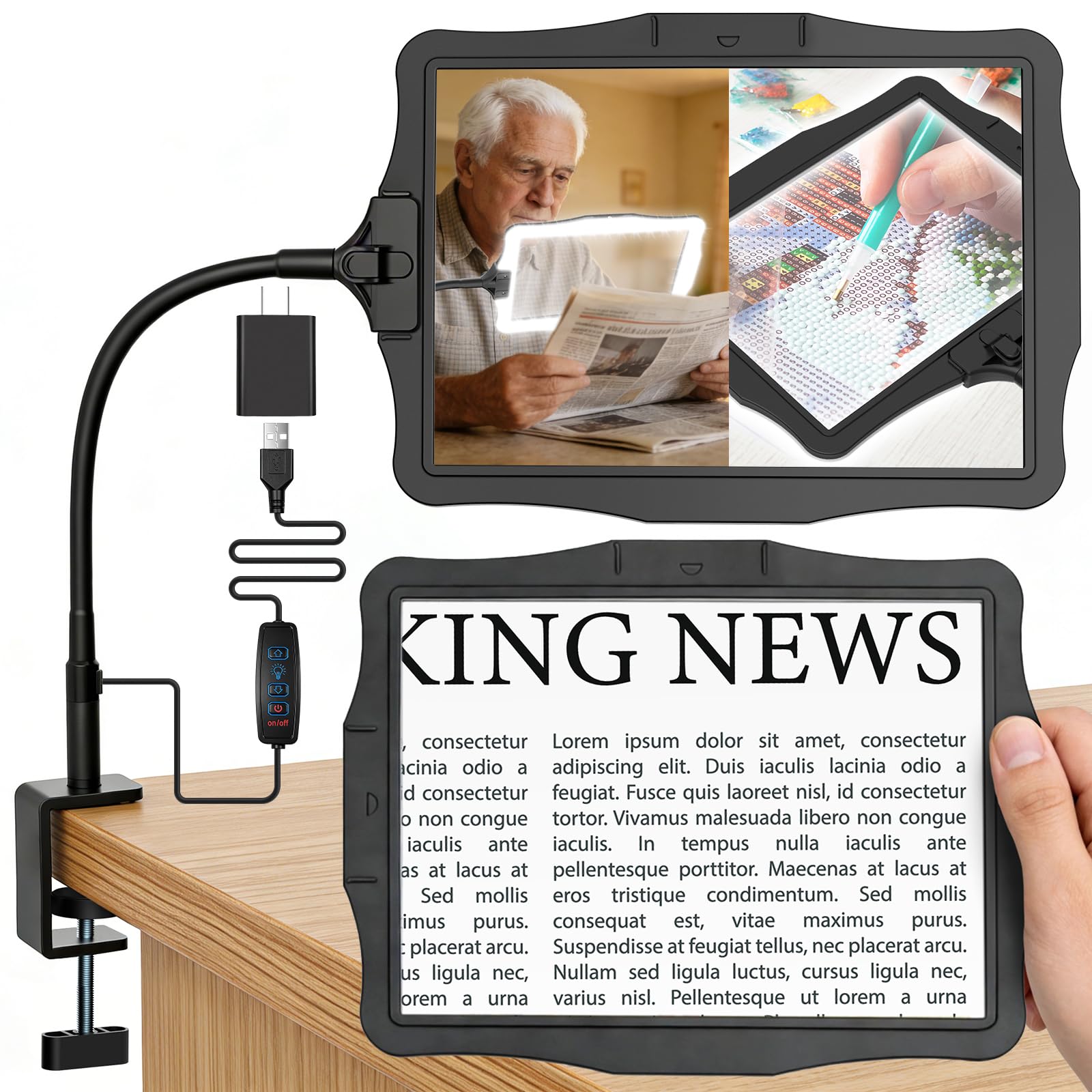 Photo 1 of Magnifying Glass w/Light for Seniors Elderly Reading Full Page Diamond Painting, Large Rectangular Lighted Magnifier w/Dimmable LED Desktop Lamp, Hands Free Magnifier for Crafts Arts Sewing Close Work