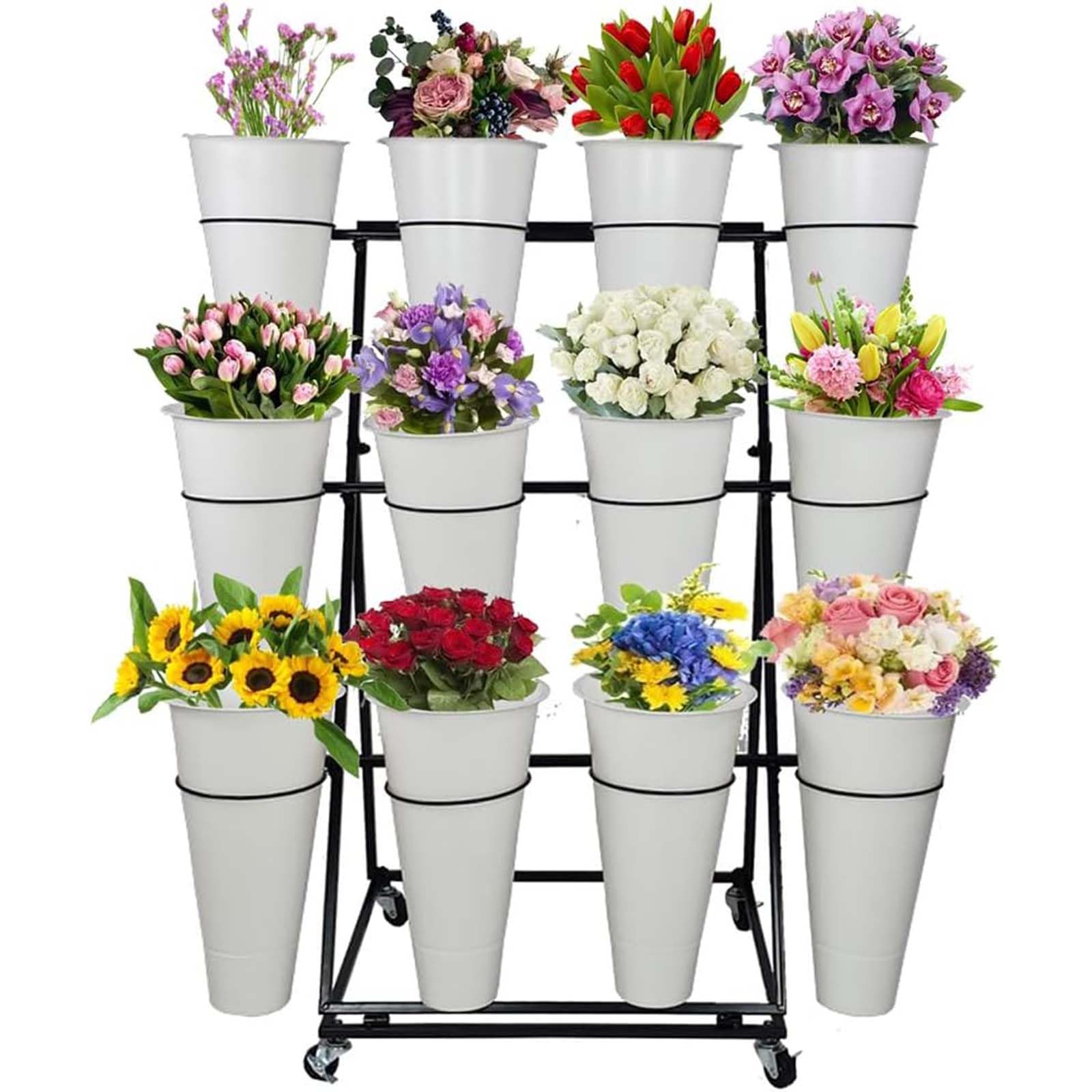 Présentoir à fleurs extérieur et intérieur à roulettes support métal 3 niveaux