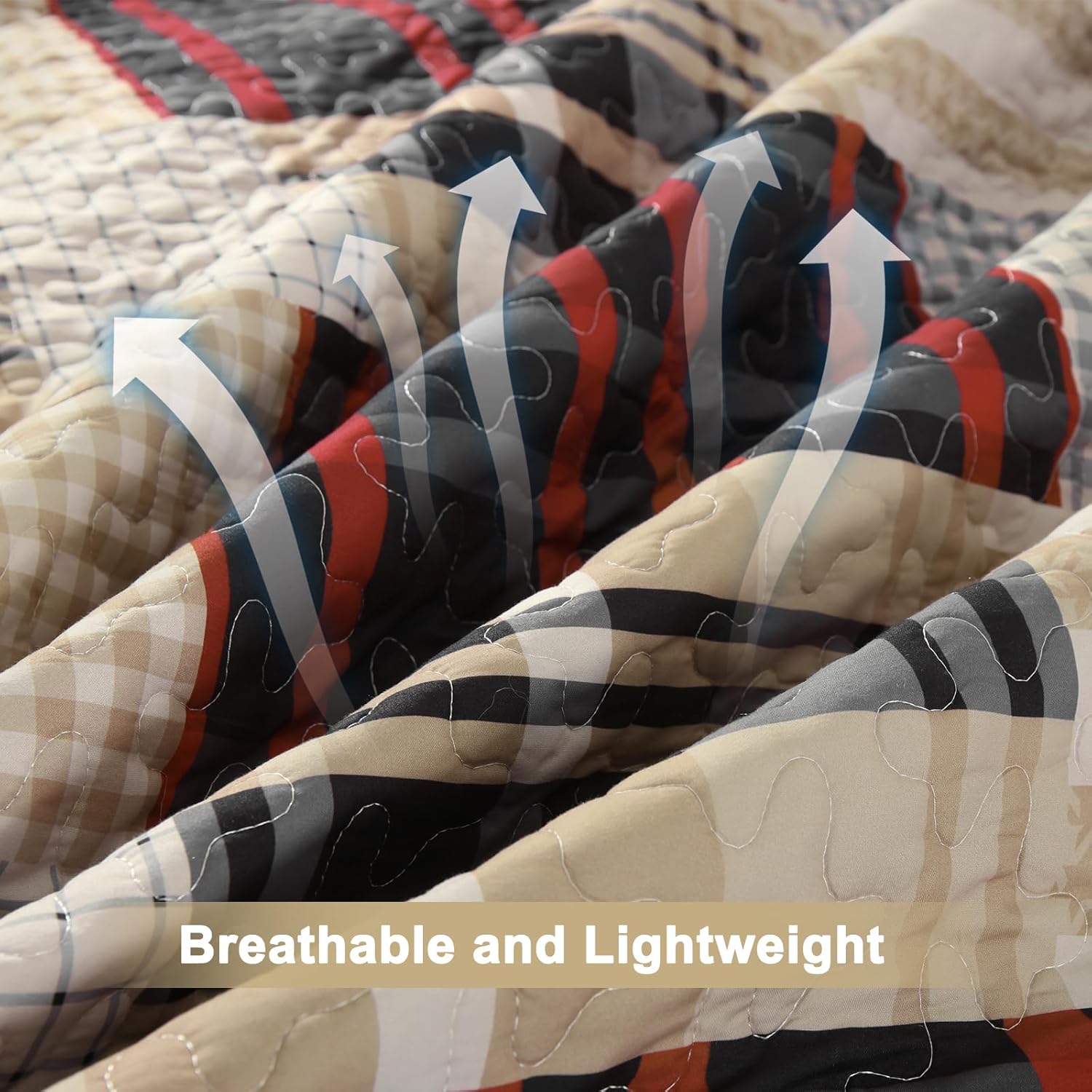 Anibedding Quilt Set King Size, Red-Brown Plaid Striped Bedspread Coverlet Set,Soft Microfiber Reversible Lightweight Bedding Cover for Spring(King,110"x90")